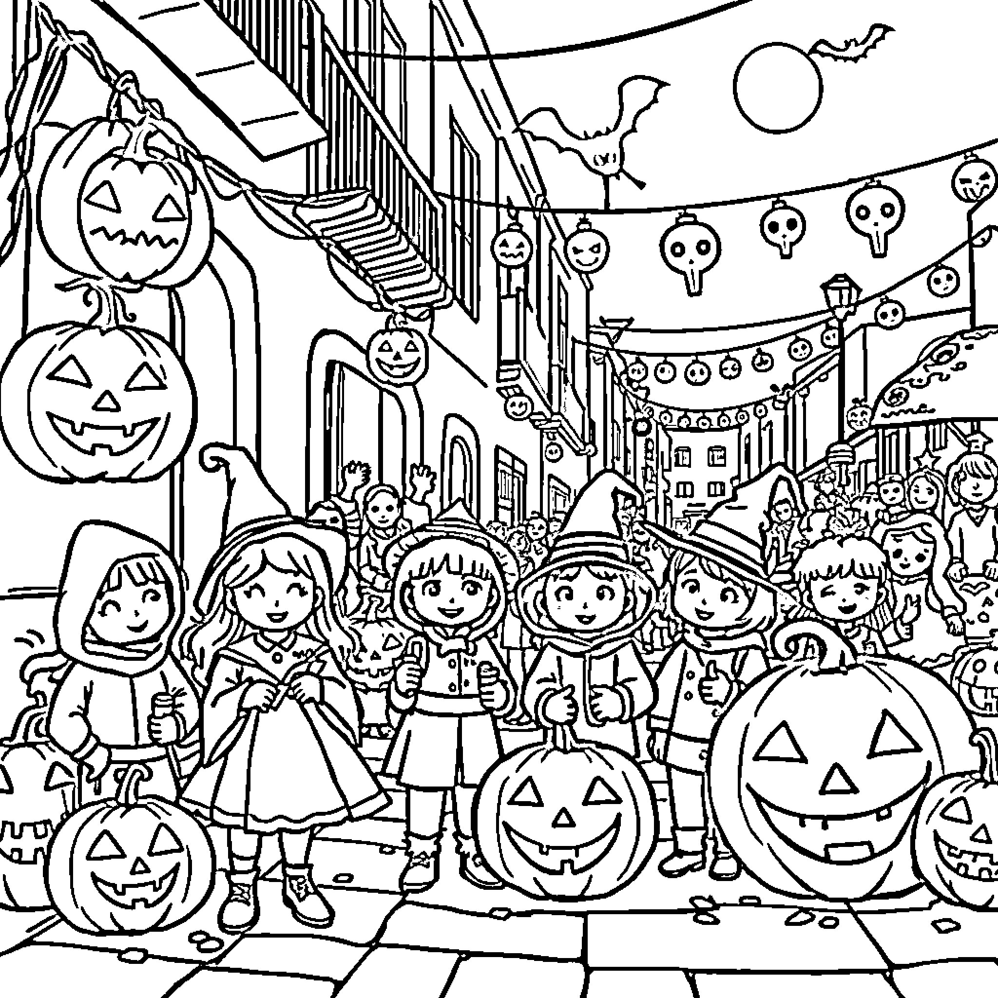Maltese children in Halloween costumes on a festive street Coloring Page (free black-and-white line drawing printable PDF for all, from beginners to advanced learners, including children, teens, adults, and seniors)