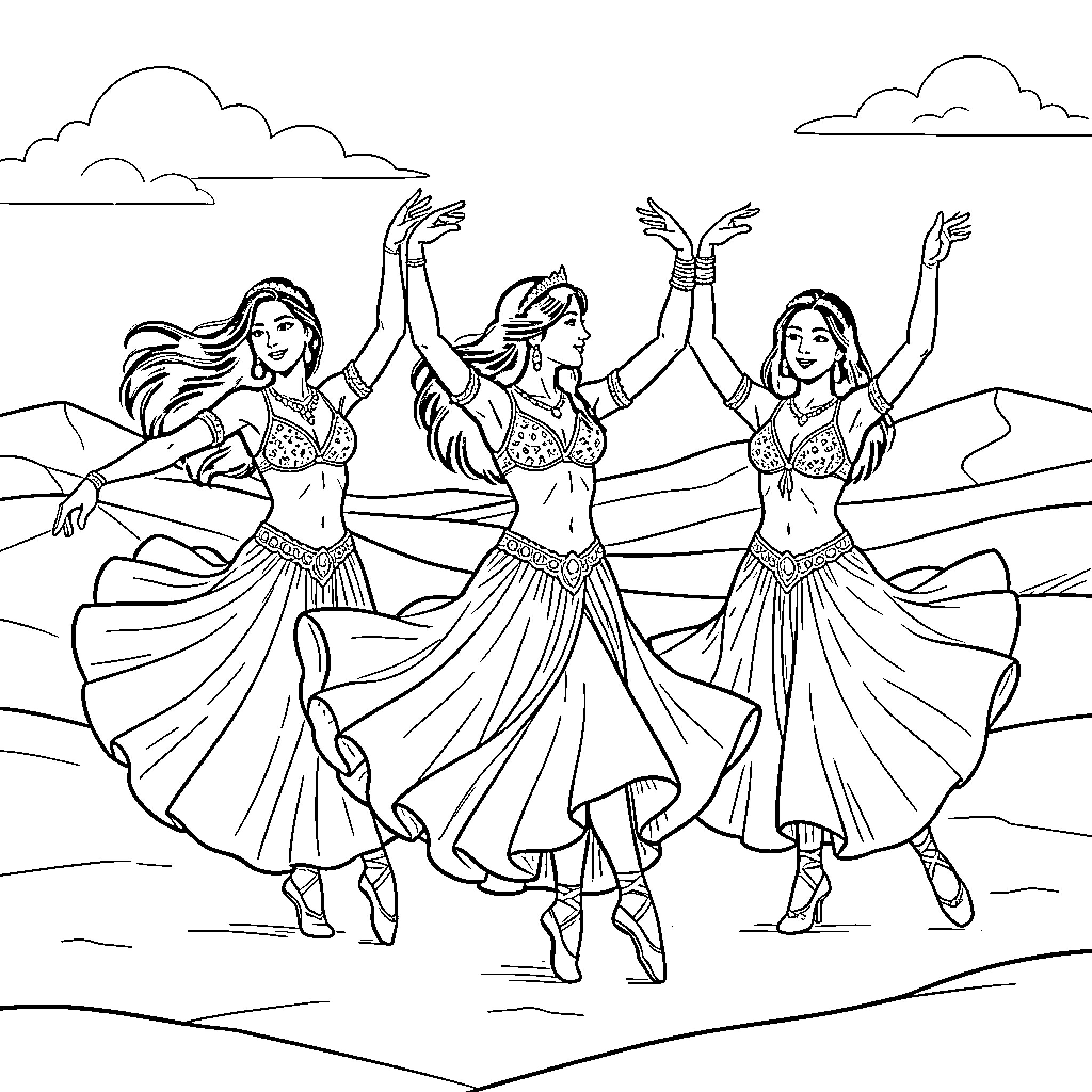 Bellydancers performing joyful dance in the desert Coloring Page (free black-and-white line drawing printable PDF for all, from beginners to advanced learners, including children, teens, adults, and seniors)