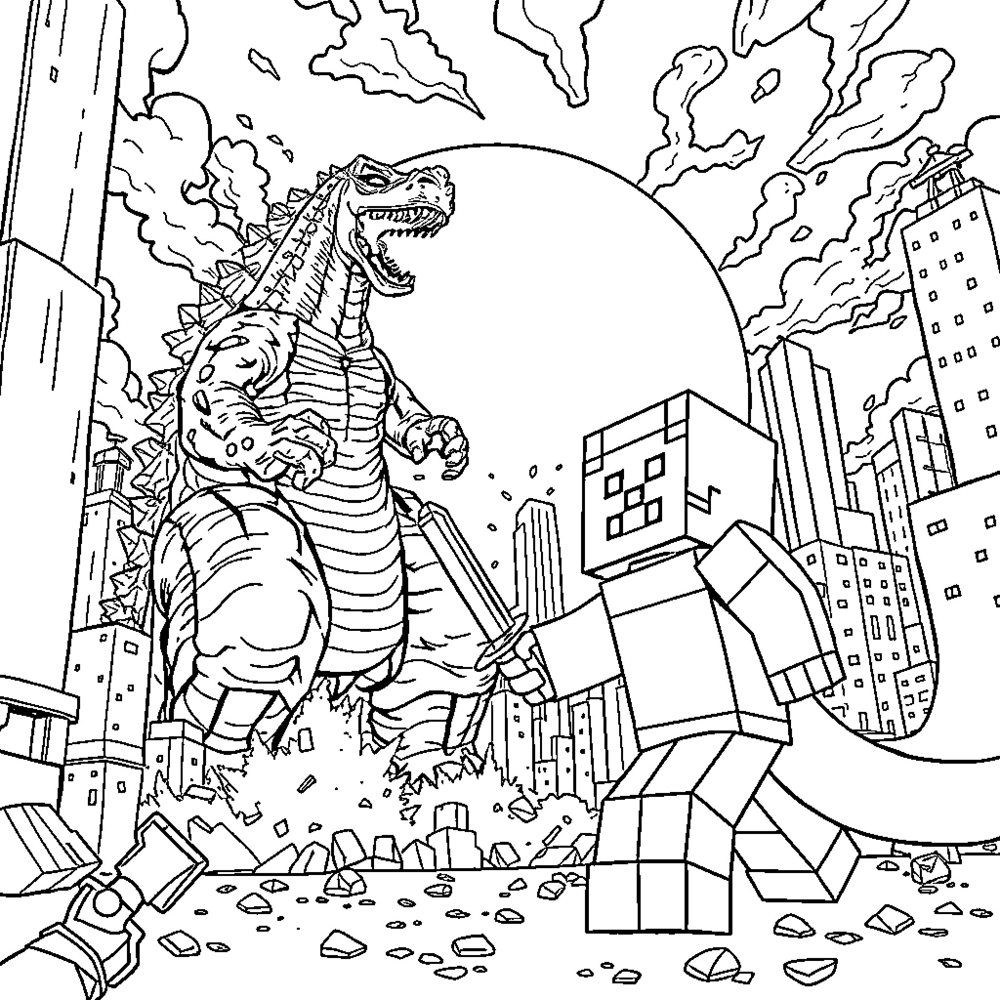 Steve's Colossal Creature Causing Chaos in the City Coloring Page (free black-and-white line drawing printable PDF for all, from beginners to advanced learners, including children, teens, adults, and seniors)