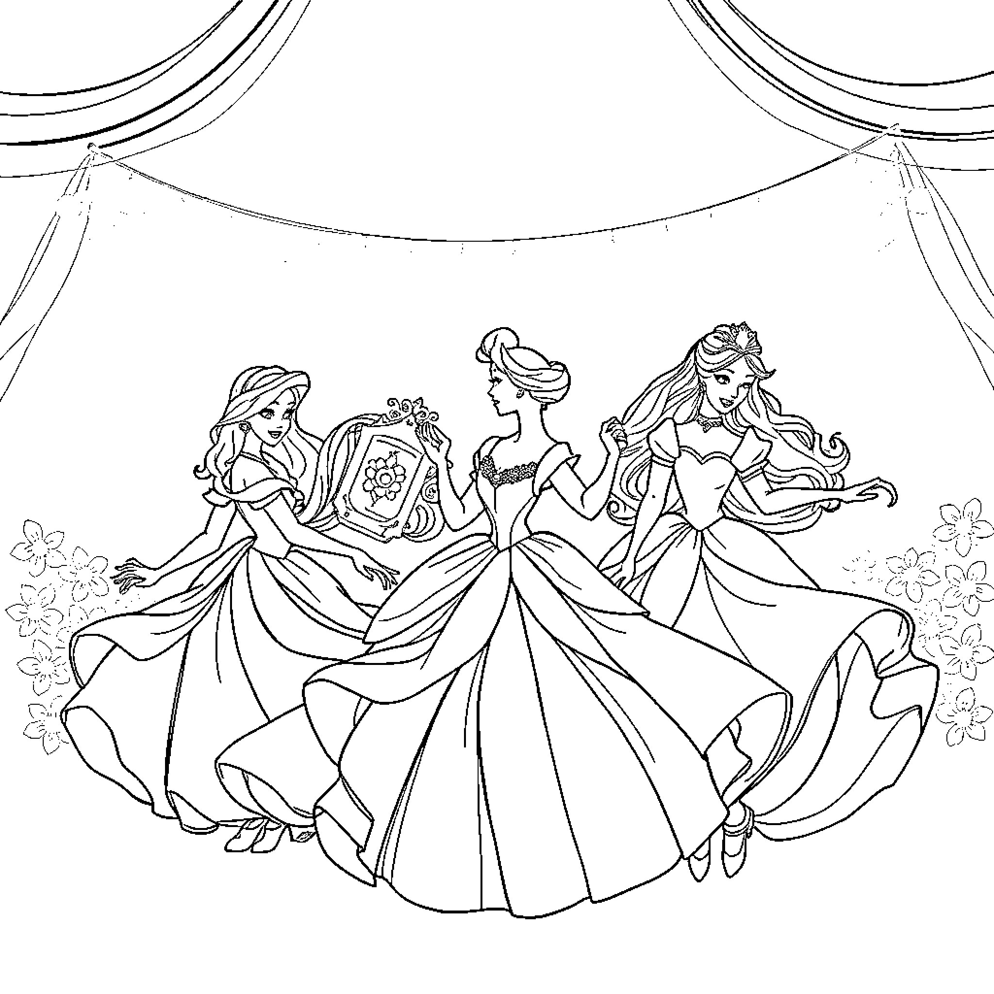 Disney Princess Elegant Ball Dance Performance Coloring Page (free black-and-white line drawing printable PDF for all, from beginners to advanced learners, including children, teens, adults, and seniors)
