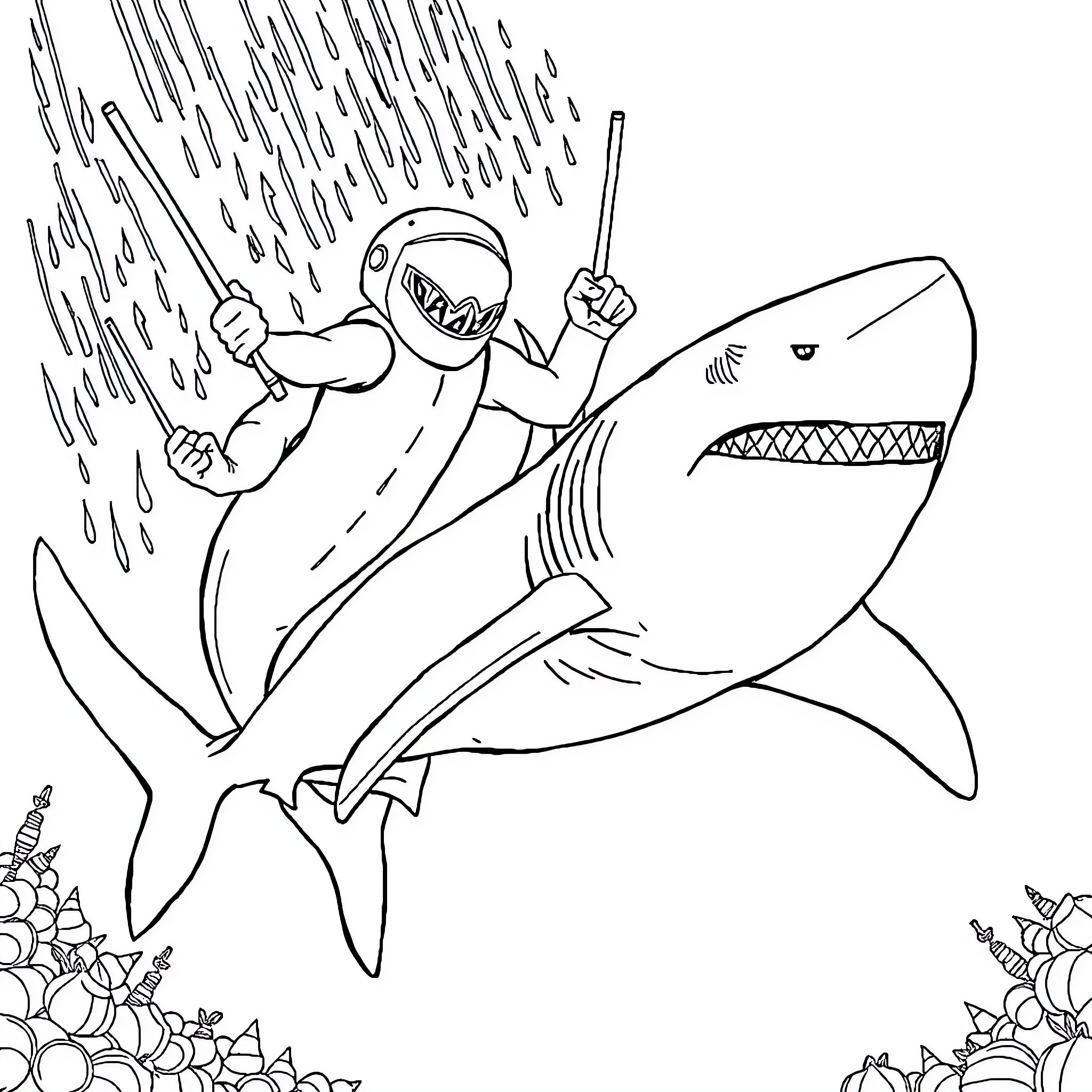 Robot Battling Fierce Shark in the Ocean Coloring Page (free black-and-white line drawing printable PDF for all, from beginners to advanced learners, including children, teens, adults, and seniors)