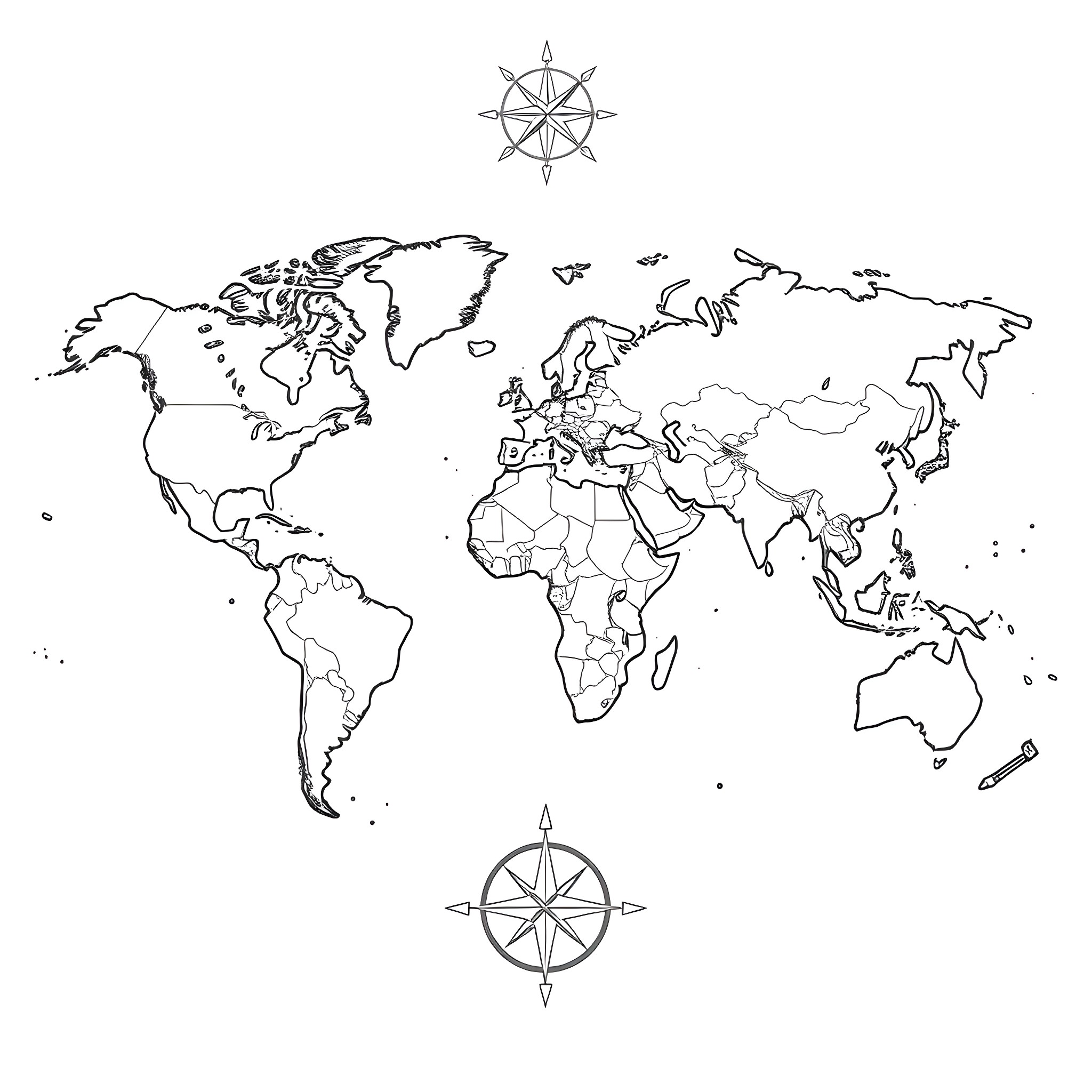 World Map of Continents and Regions Coloring Page (free black-and-white line drawing printable PDF for all, from beginners to advanced learners, including children, teens, adults, and seniors)