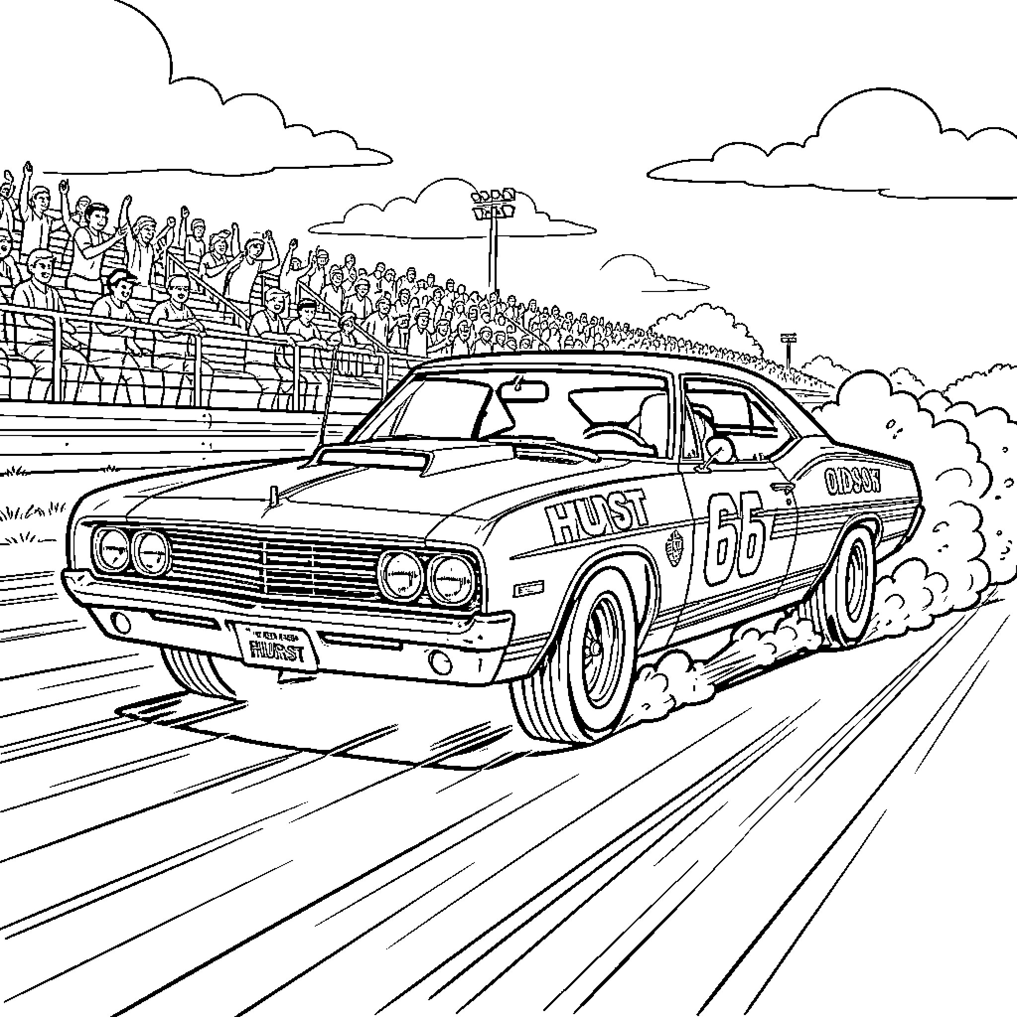 Oldsmobile racing car speeding on the track Coloring Page (free black-and-white line drawing printable PDF for all, from beginners to advanced learners, including children, teens, adults, and seniors)