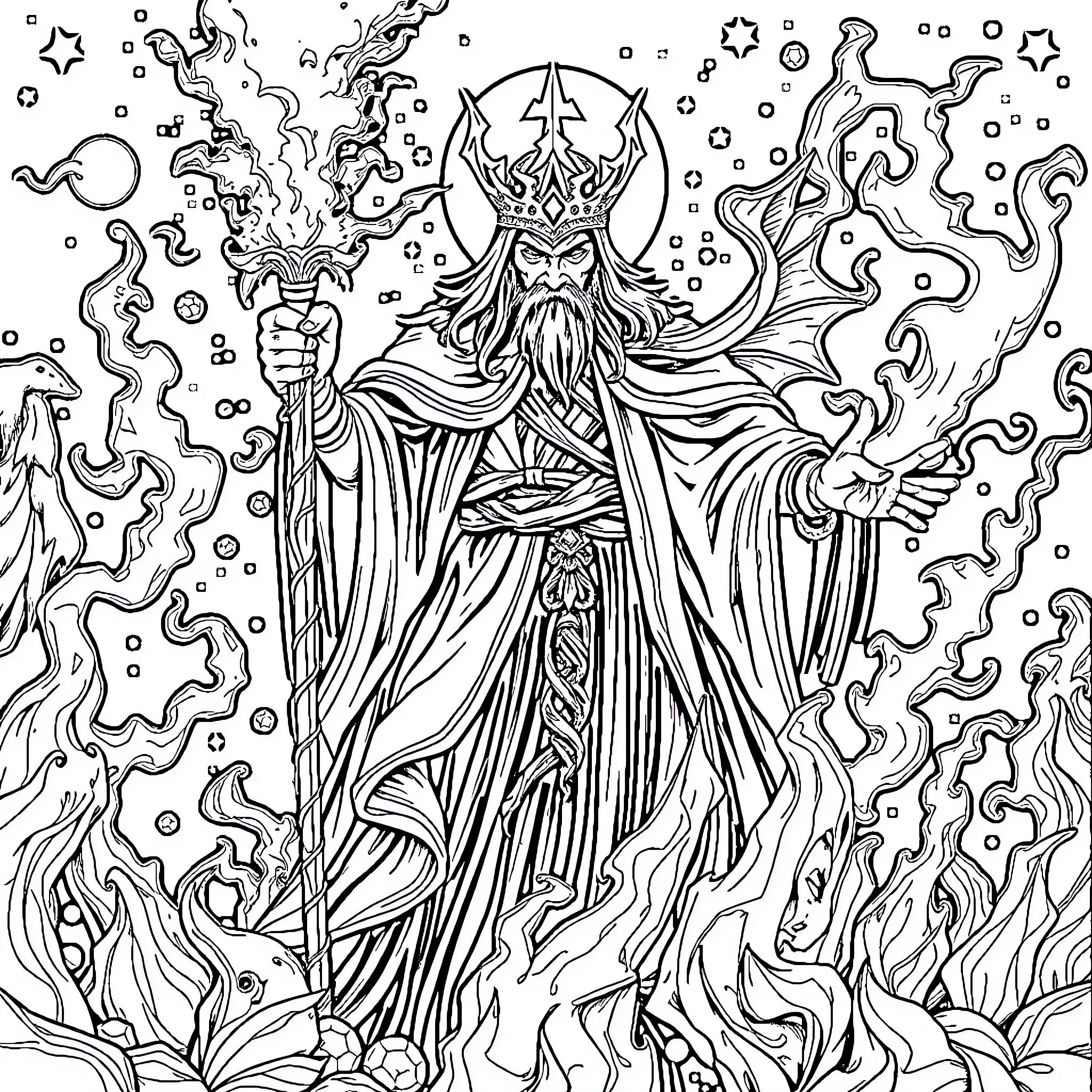 Lord of the Mystic Realm with Celestial Adornments Coloring Page (free black-and-white line drawing printable PDF for all, from beginners to advanced learners, including children, teens, adults, and seniors)