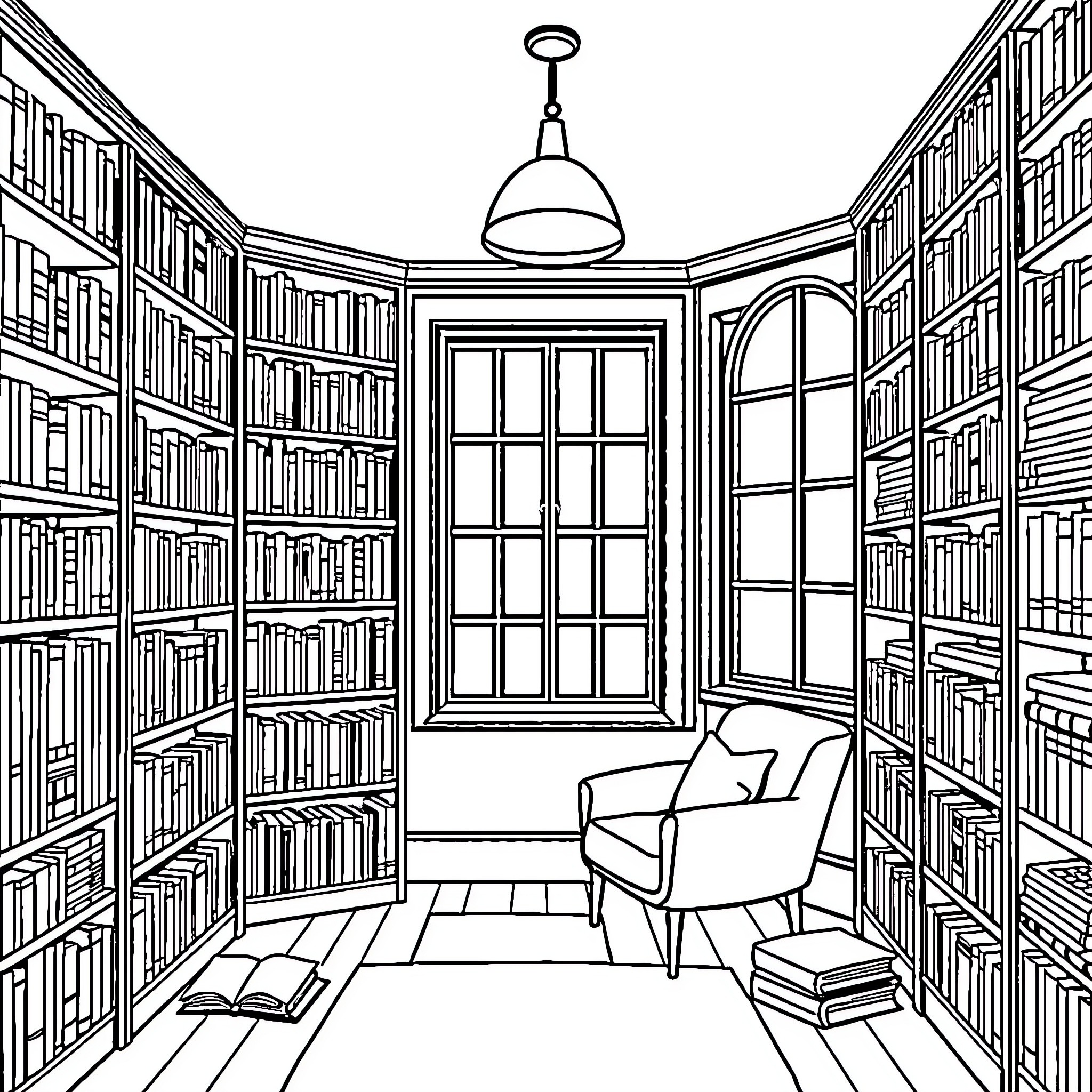 Book-filled library with cozy reading nook Coloring Page (free black-and-white line drawing printable PDF for all, from beginners to advanced learners, including children, teens, adults, and seniors)