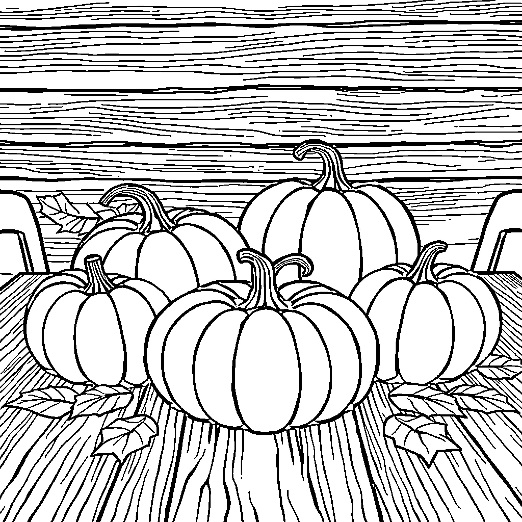Pumpkins on a Wooden Surface Coloring Page (free black-and-white line drawing printable PDF for all, from beginners to advanced learners, including children, teens, adults, and seniors)