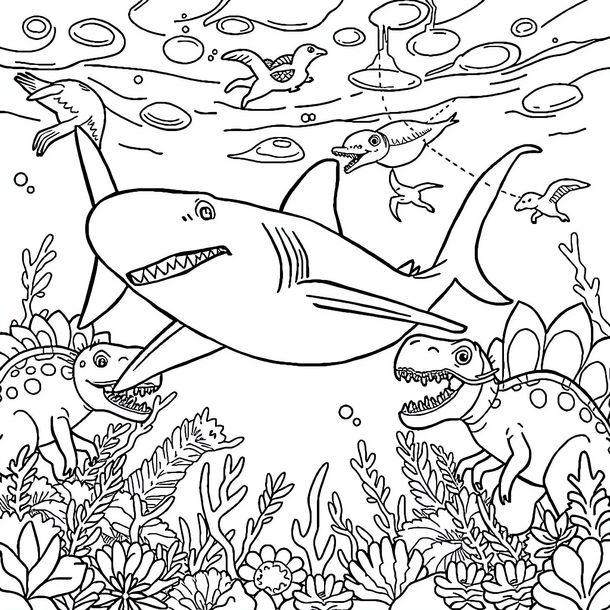 Shark Attack in the Underwater Seascape Coloring Page (free black-and-white line drawing printable PDF for all, from beginners to advanced learners, including children, teens, adults, and seniors)