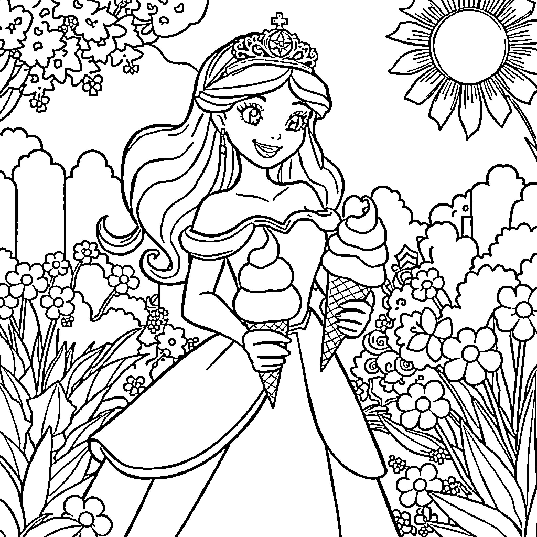Princess in Floral Wonderland Coloring Page (free black-and-white line drawing printable PDF for all, from beginners to advanced learners, including children, teens, adults, and seniors)