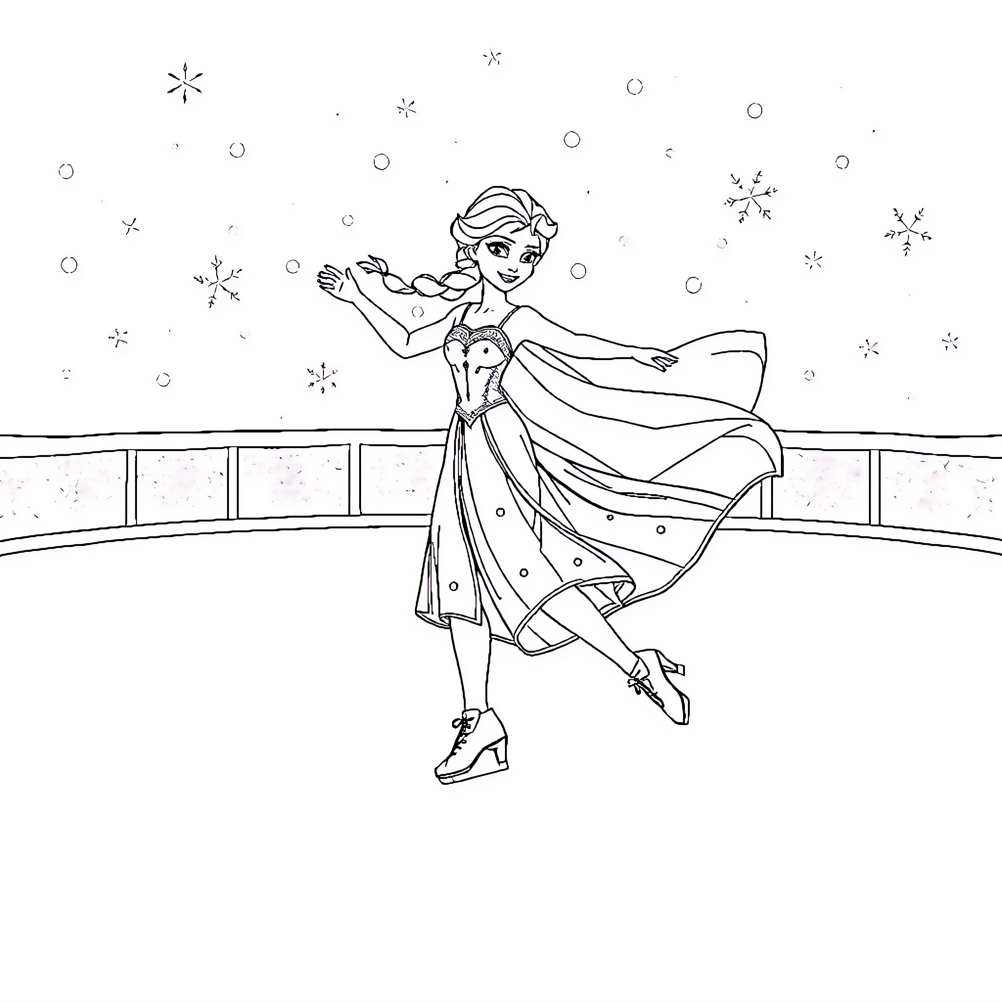 Elsa dancing gracefully in the winter wonderland Coloring Page (free black-and-white line drawing printable PDF for all, from beginners to advanced learners, including children, teens, adults, and seniors)