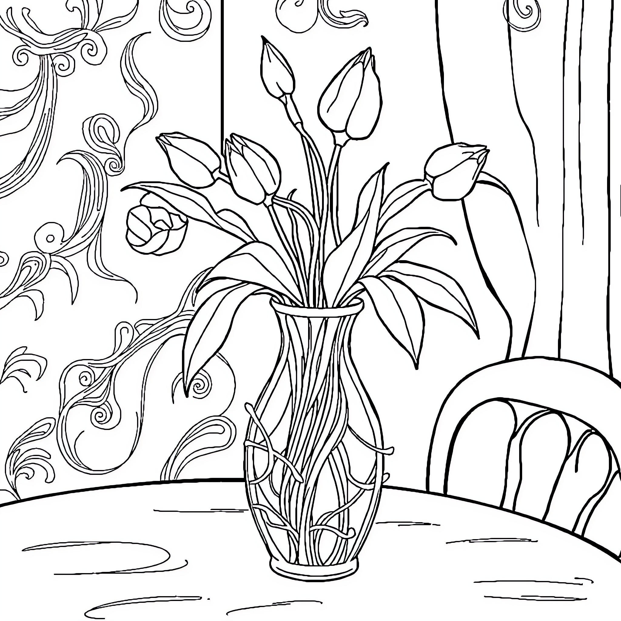 Carnation bouquet in vase on table Coloring Page (free black-and-white line drawing printable PDF for all, from beginners to advanced learners, including children, teens, adults, and seniors)