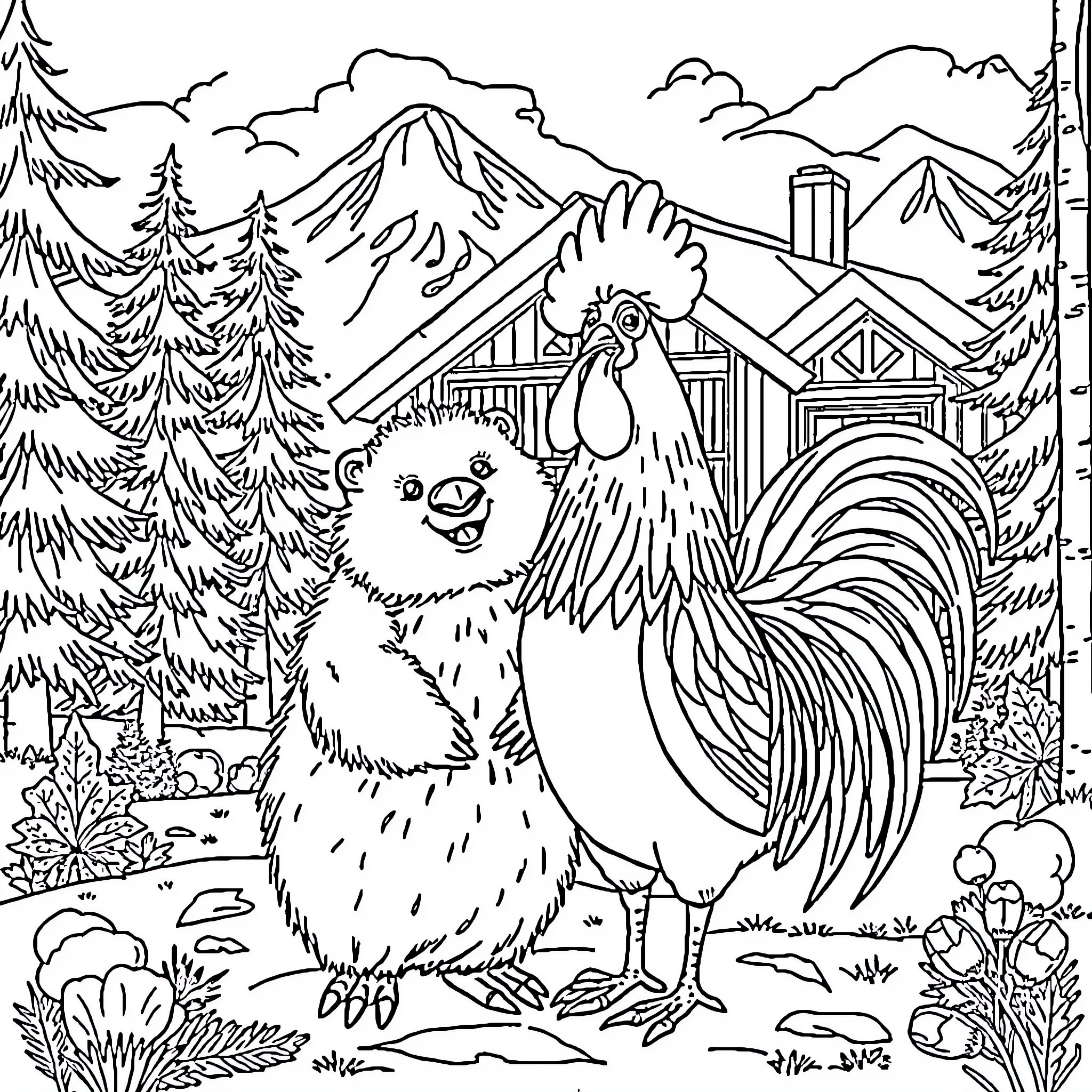 Marmot and Rooster in a Mountainous Landscape Coloring Page (free black-and-white line drawing printable PDF for all, from beginners to advanced learners, including children, teens, adults, and seniors)