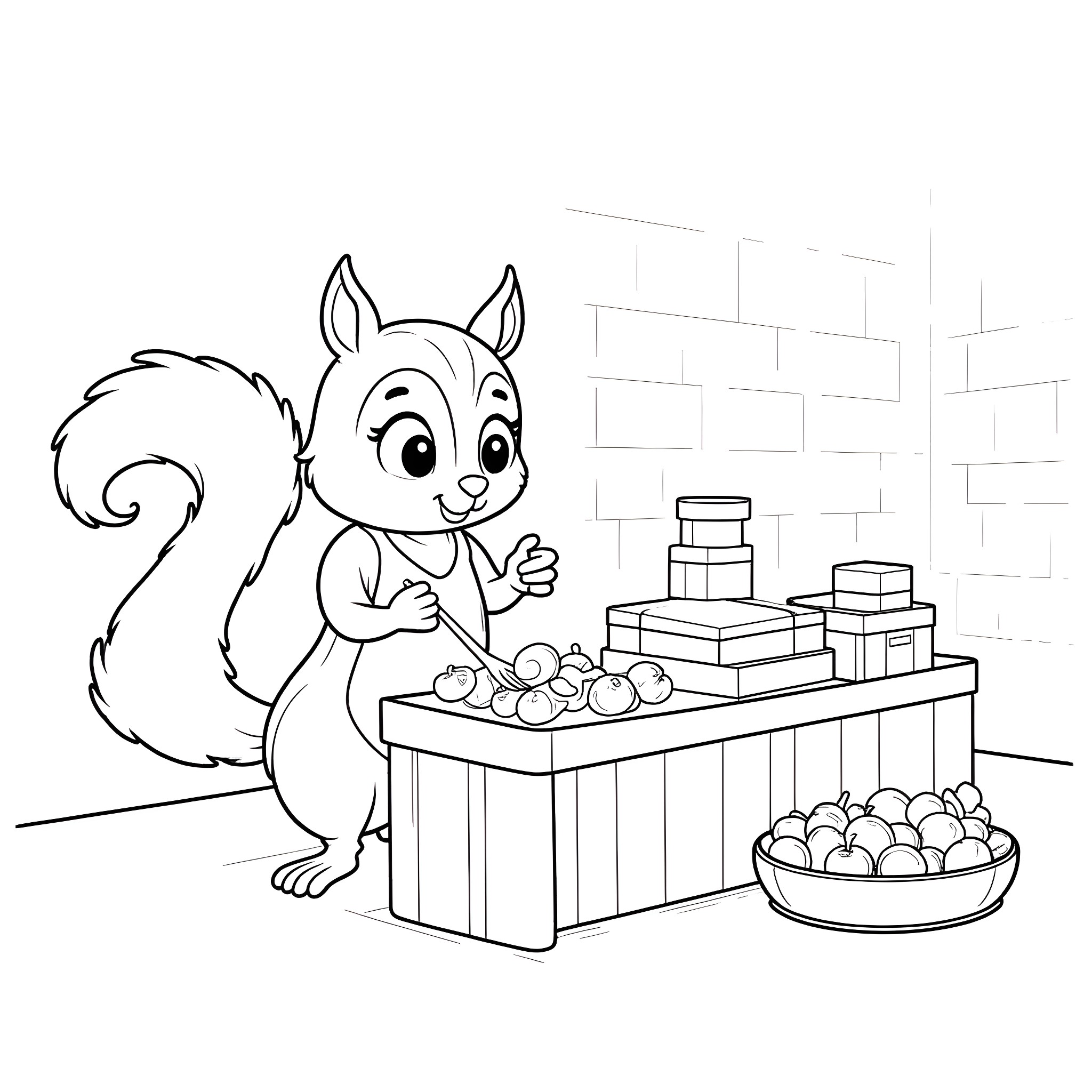 Squirrel enjoying nuts at a market stall Coloring Page (free black-and-white line drawing printable PDF for all, from beginners to advanced learners, including children, teens, adults, and seniors)