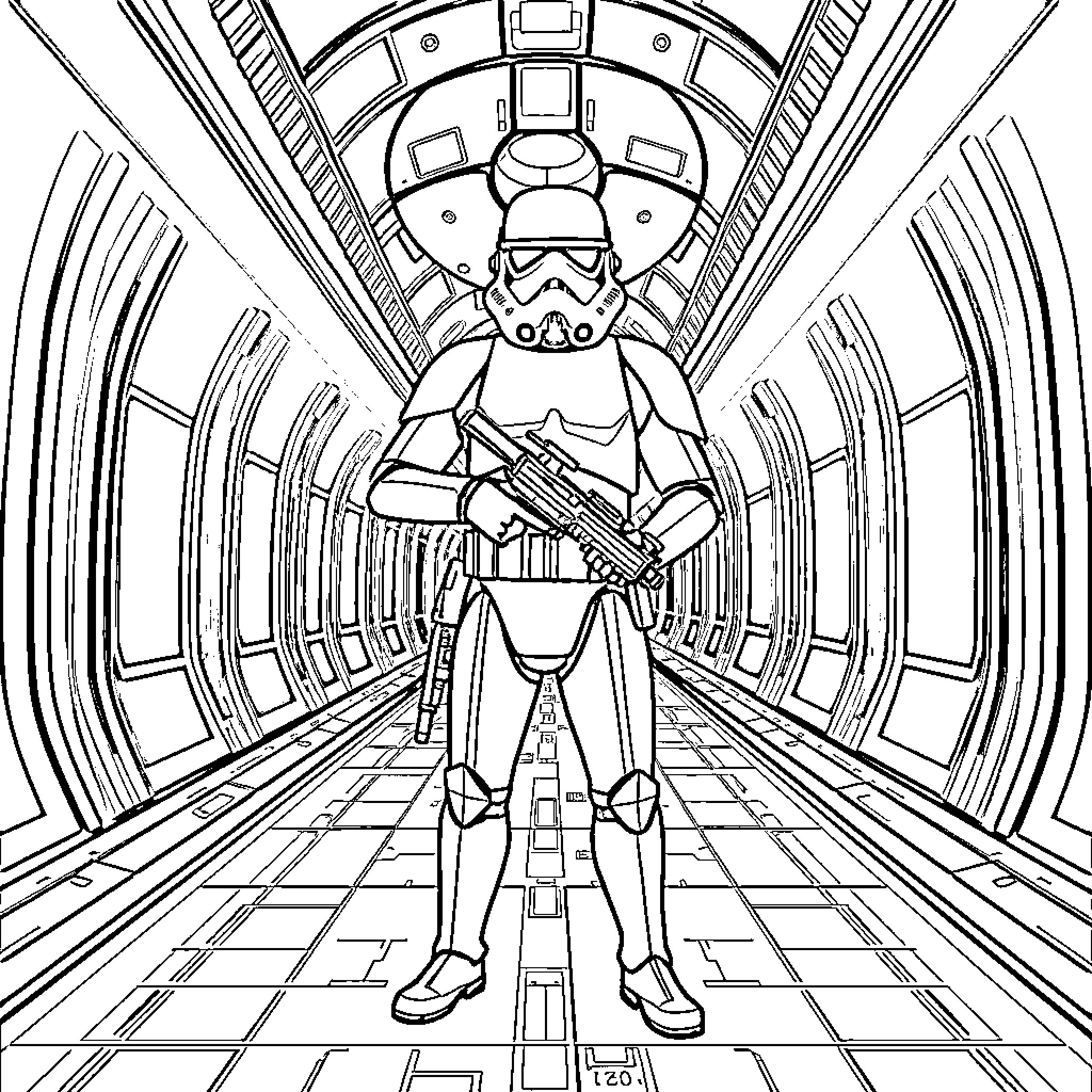 Stormtrooper in futuristic spacecraft Coloring Page (free black-and-white line drawing printable PDF for all, from beginners to advanced learners, including children, teens, adults, and seniors)