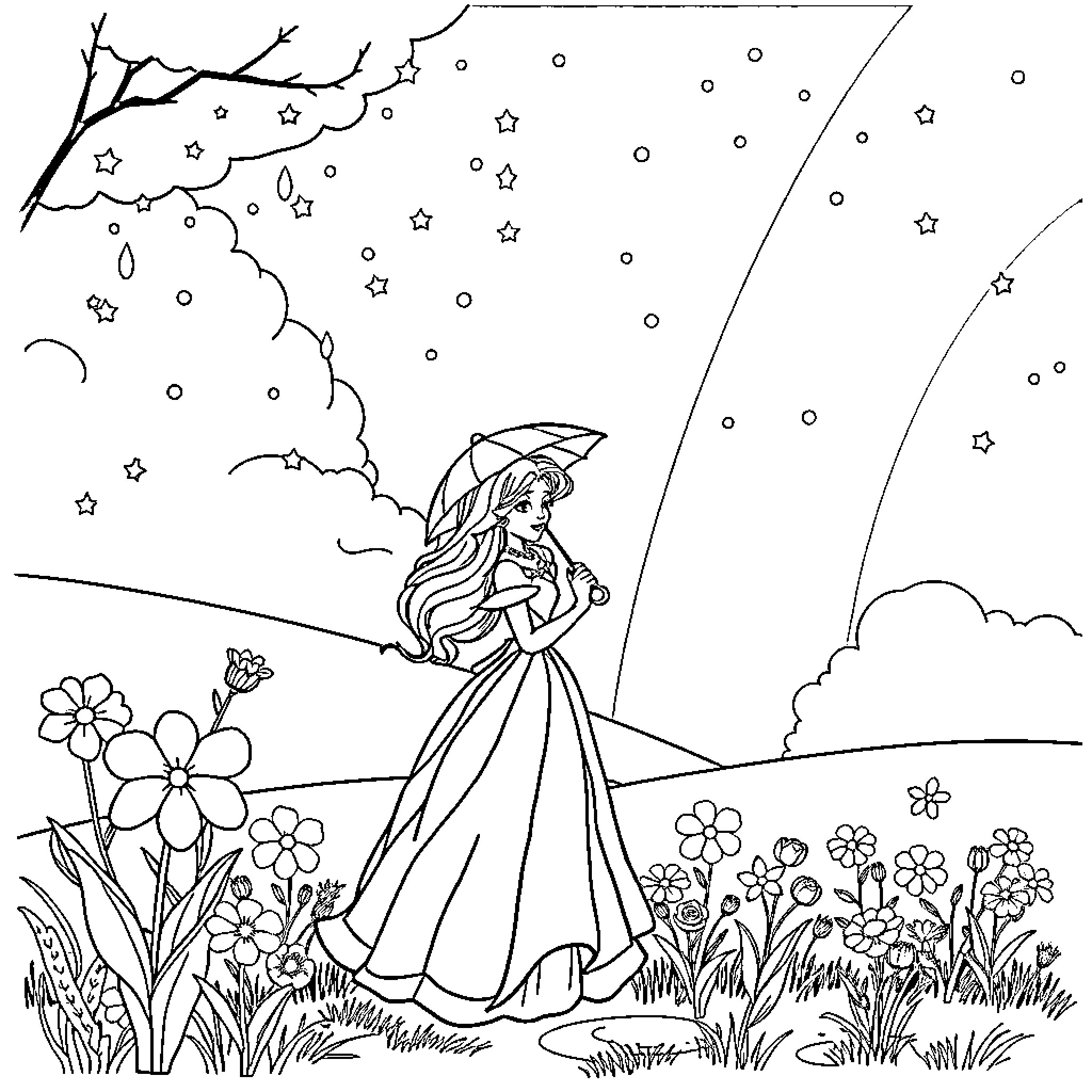 Princess walking gracefully through a floral meadow Coloring Page (free black-and-white line drawing printable PDF for all, from beginners to advanced learners, including children, teens, adults, and seniors)
