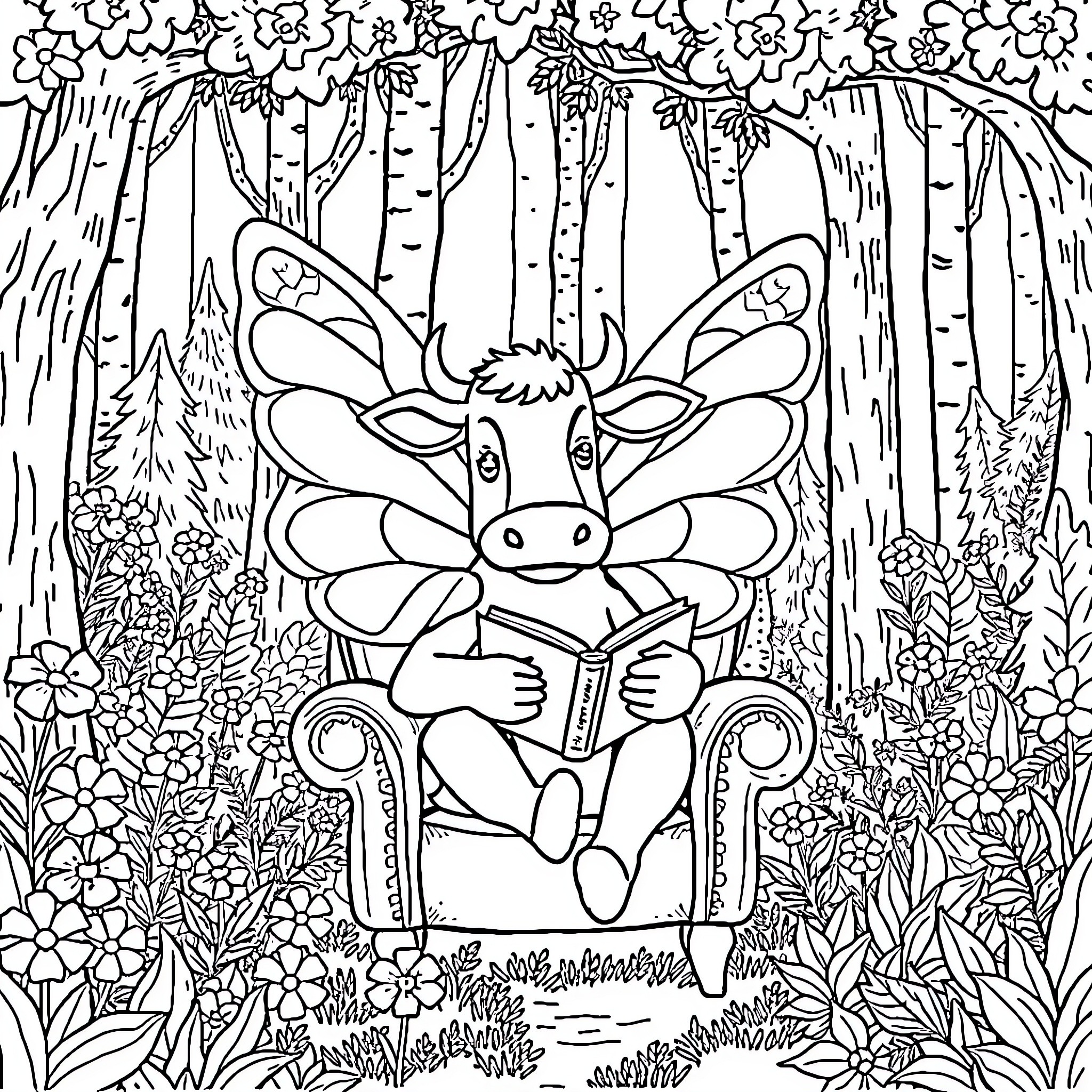 Cow reading in the enchanted forest Coloring Page (free black-and-white line drawing printable PDF for all, from beginners to advanced learners, including children, teens, adults, and seniors)