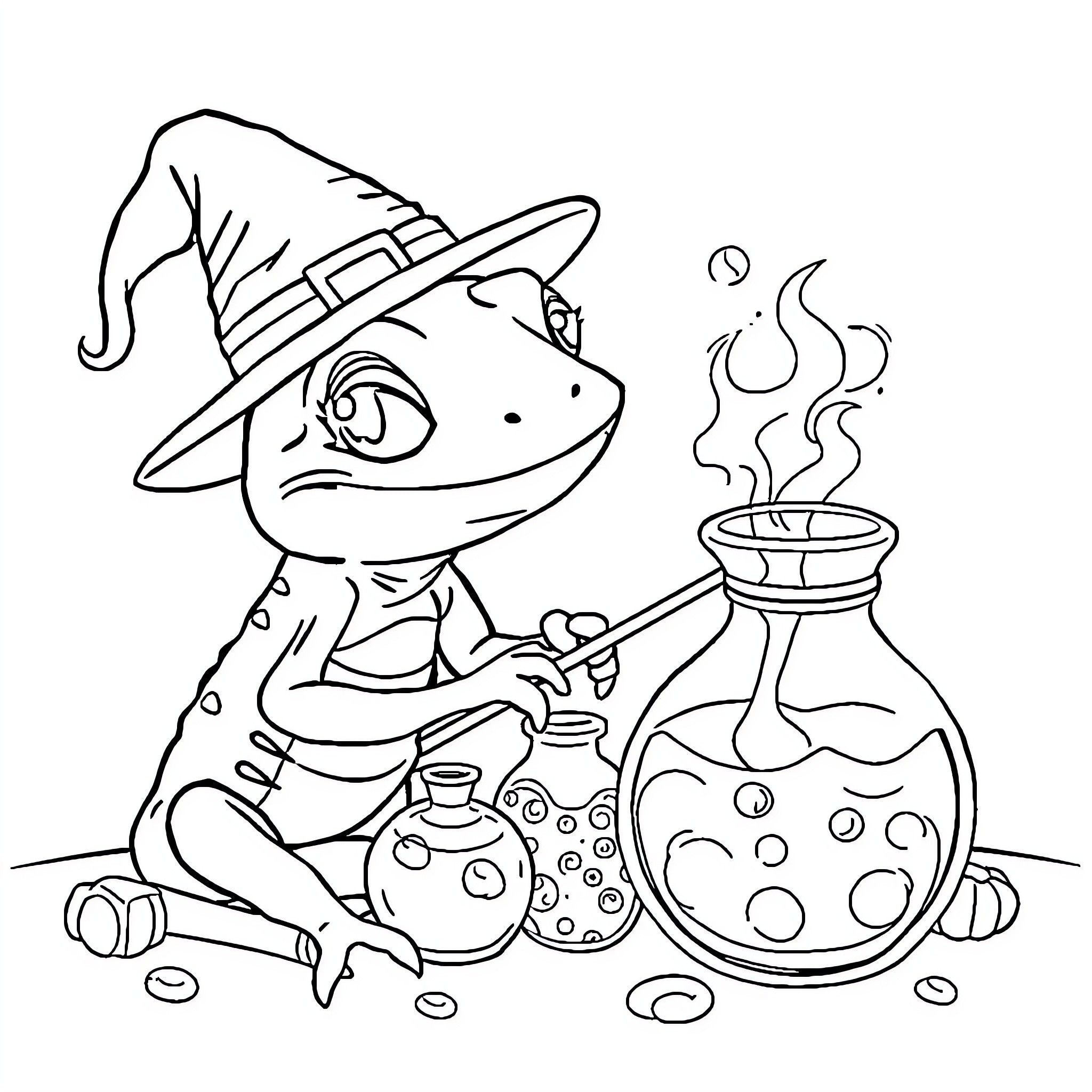 Lizard Brewing Potions in Witch's Attire Coloring Page (free black-and-white line drawing printable PDF for all, from beginners to advanced learners, including children, teens, adults, and seniors)