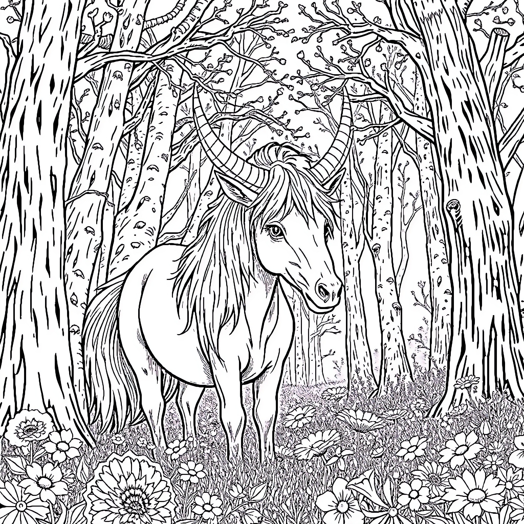 Einhorn in a Magical Forest Coloring Page (free black-and-white line drawing printable PDF for all, from beginners to advanced learners, including children, teens, adults, and seniors)