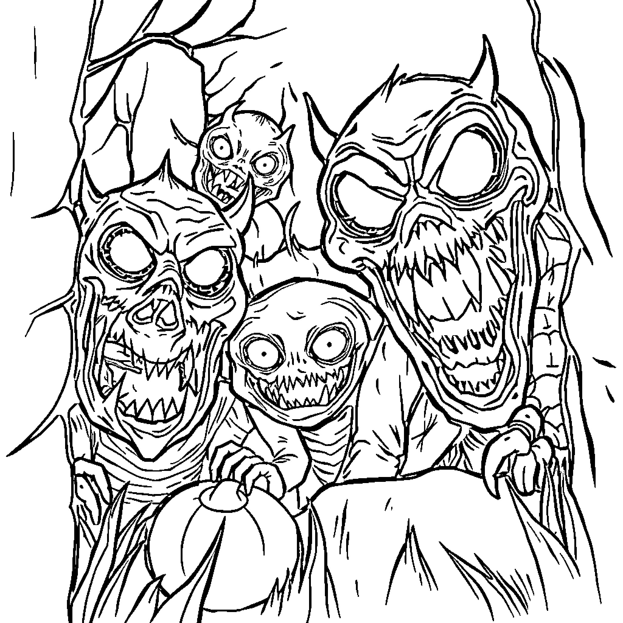 Monster pack lurking in the dark forest Coloring Page (free black-and-white line drawing printable PDF for all, from beginners to advanced learners, including children, teens, adults, and seniors)