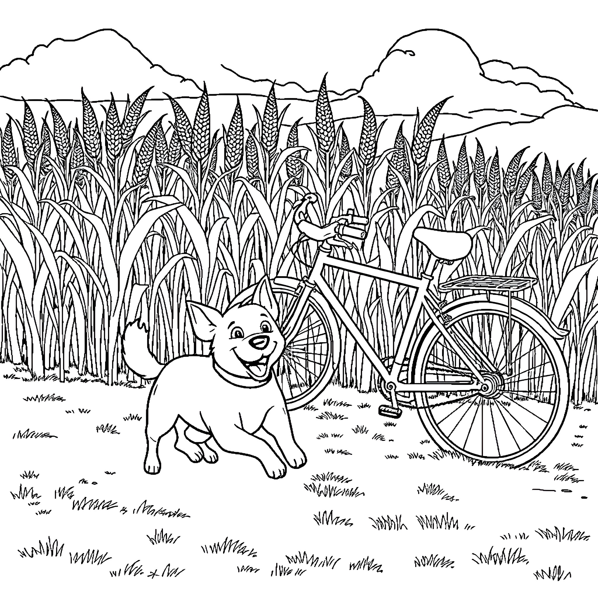 Dog enjoying a ride on a bicycle in the countryside Coloring Page (free black-and-white line drawing printable PDF for all, from beginners to advanced learners, including children, teens, adults, and seniors)