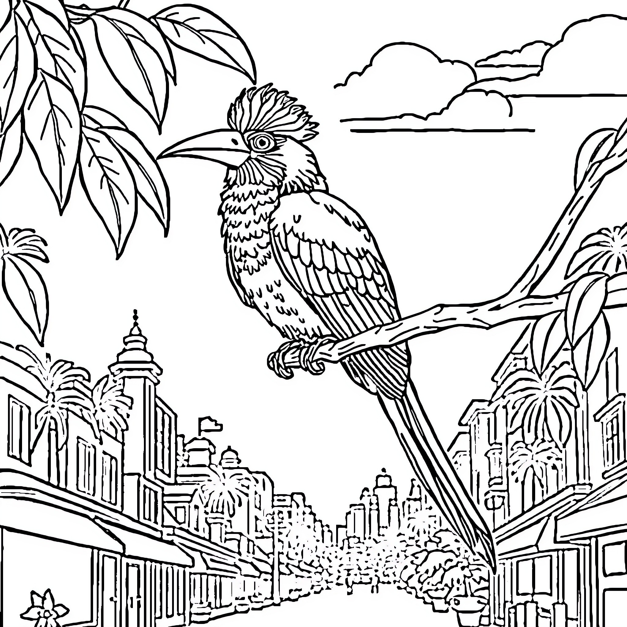 Spider Quetzal perched in a tropical urban landscape Coloring Page (free black-and-white line drawing printable PDF for all, from beginners to advanced learners, including children, teens, adults, and seniors)