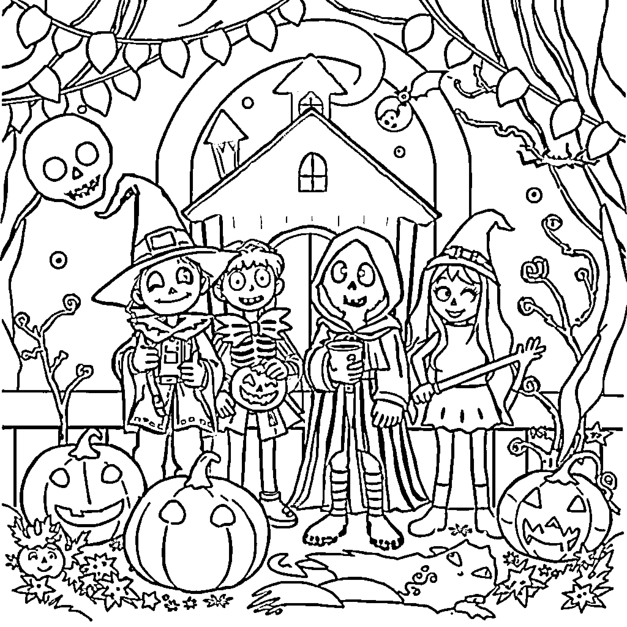 Halloween Costumed Characters Trick-or-Treating Near Haunted House Coloring Page (free black-and-white line drawing printable PDF for all, from beginners to advanced learners, including children, teens, adults, and seniors)