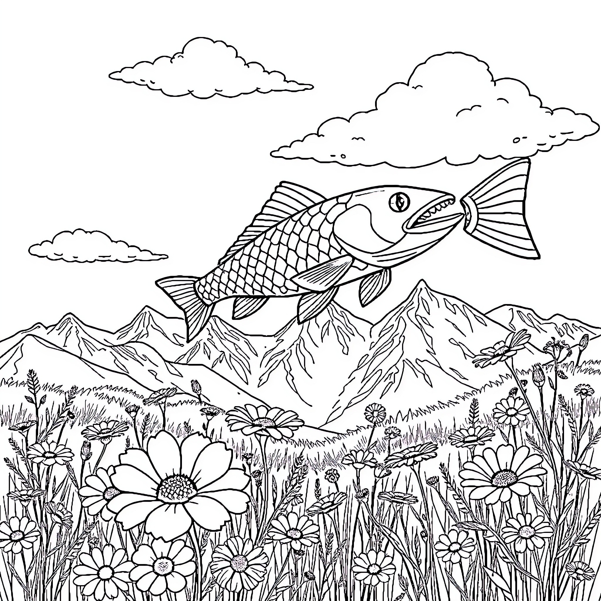 Fish flying over a meadow filled with flowers Coloring Page (free black-and-white line drawing printable PDF for all, from beginners to advanced learners, including children, teens, adults, and seniors)