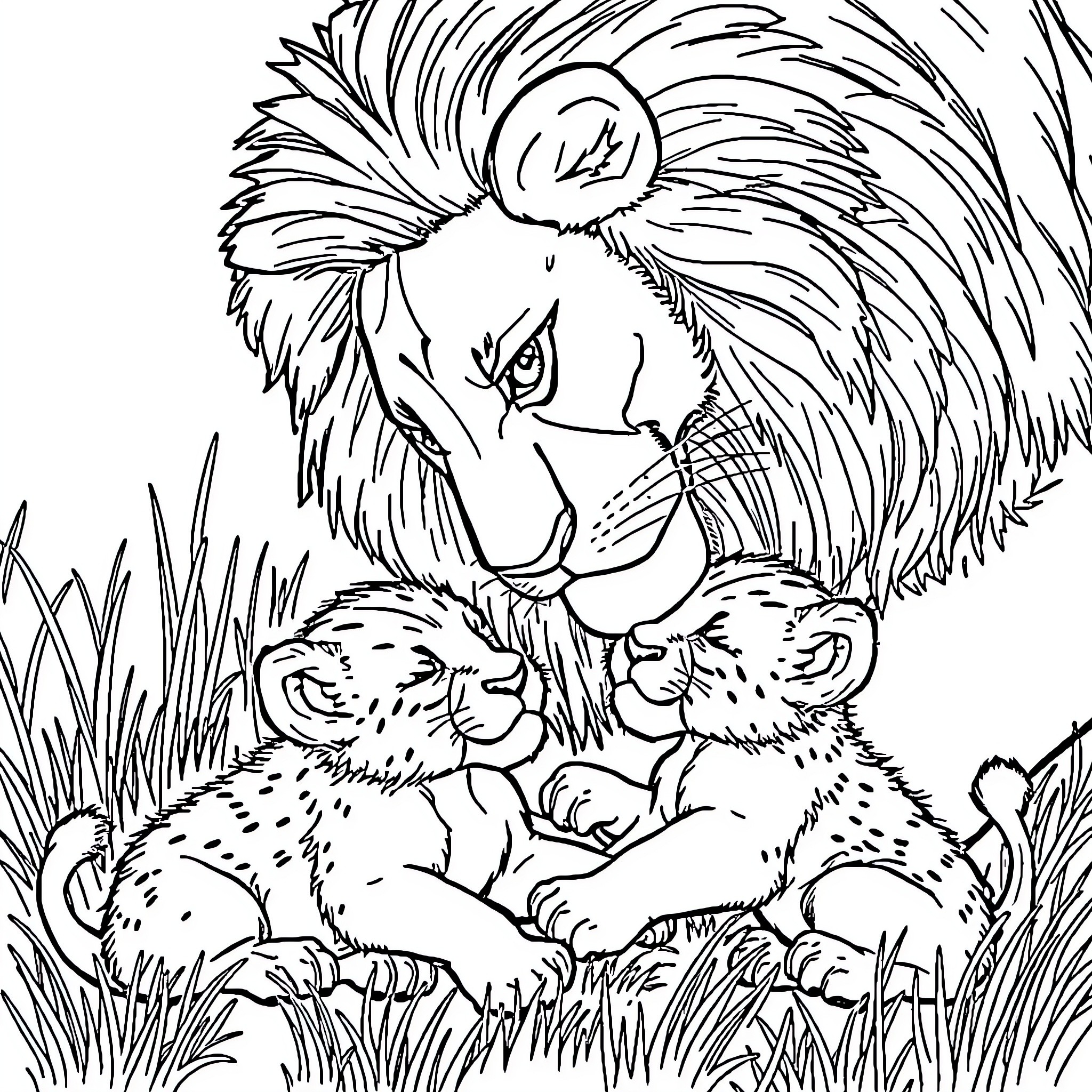 Lion protecting and nurturing lion cubs in the wild Coloring Page (free black-and-white line drawing printable PDF for all, from beginners to advanced learners, including children, teens, adults, and seniors)