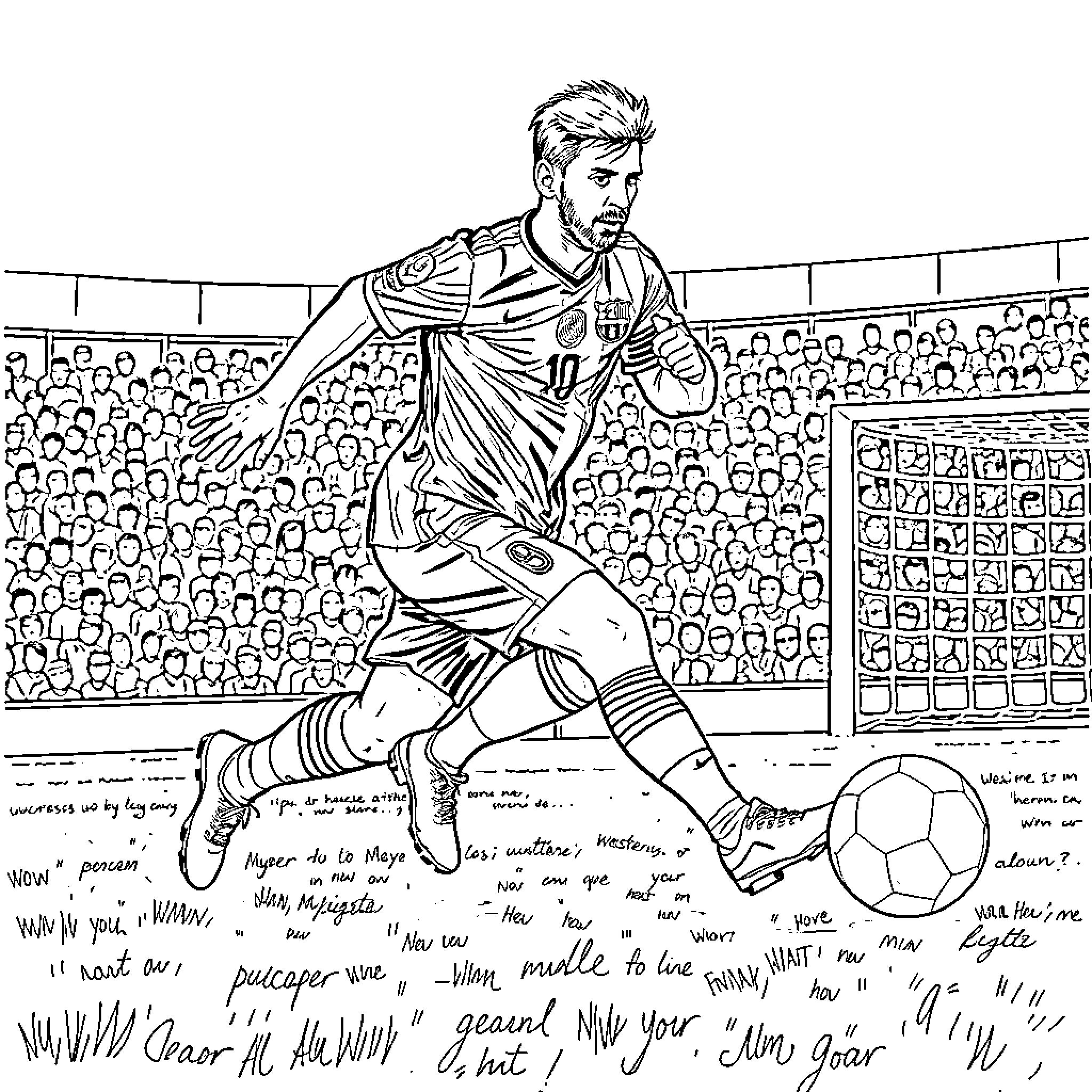 Messi's Captivating Performance on the Pitch Coloring Page (free black-and-white line drawing printable PDF for all, from beginners to advanced learners, including children, teens, adults, and seniors)