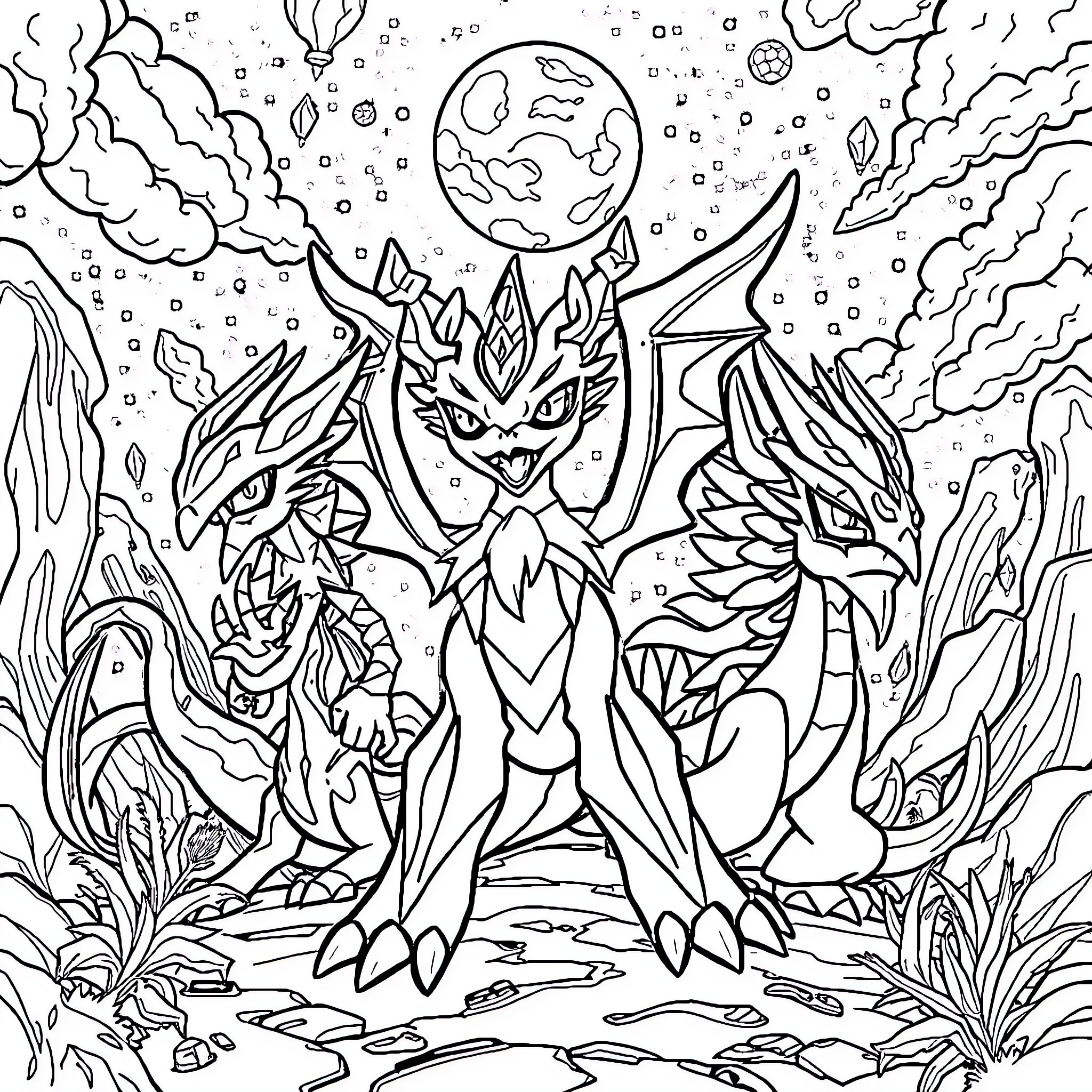 Digimon Creatures in a Fantastical Landscape Coloring Page (free black-and-white line drawing printable PDF for all, from beginners to advanced learners, including children, teens, adults, and seniors)