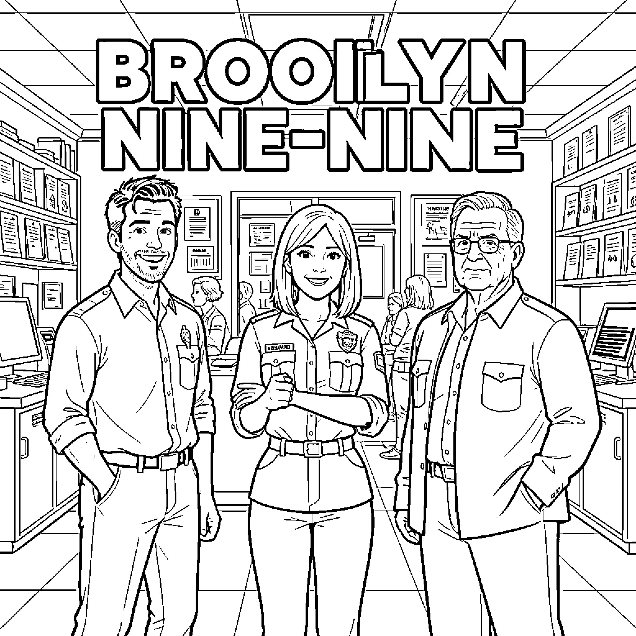 Brooklyn Nine-Nine characters standing together in a precinct Coloring Page (free black-and-white line drawing printable PDF for all, from beginners to advanced learners, including children, teens, adults, and seniors)