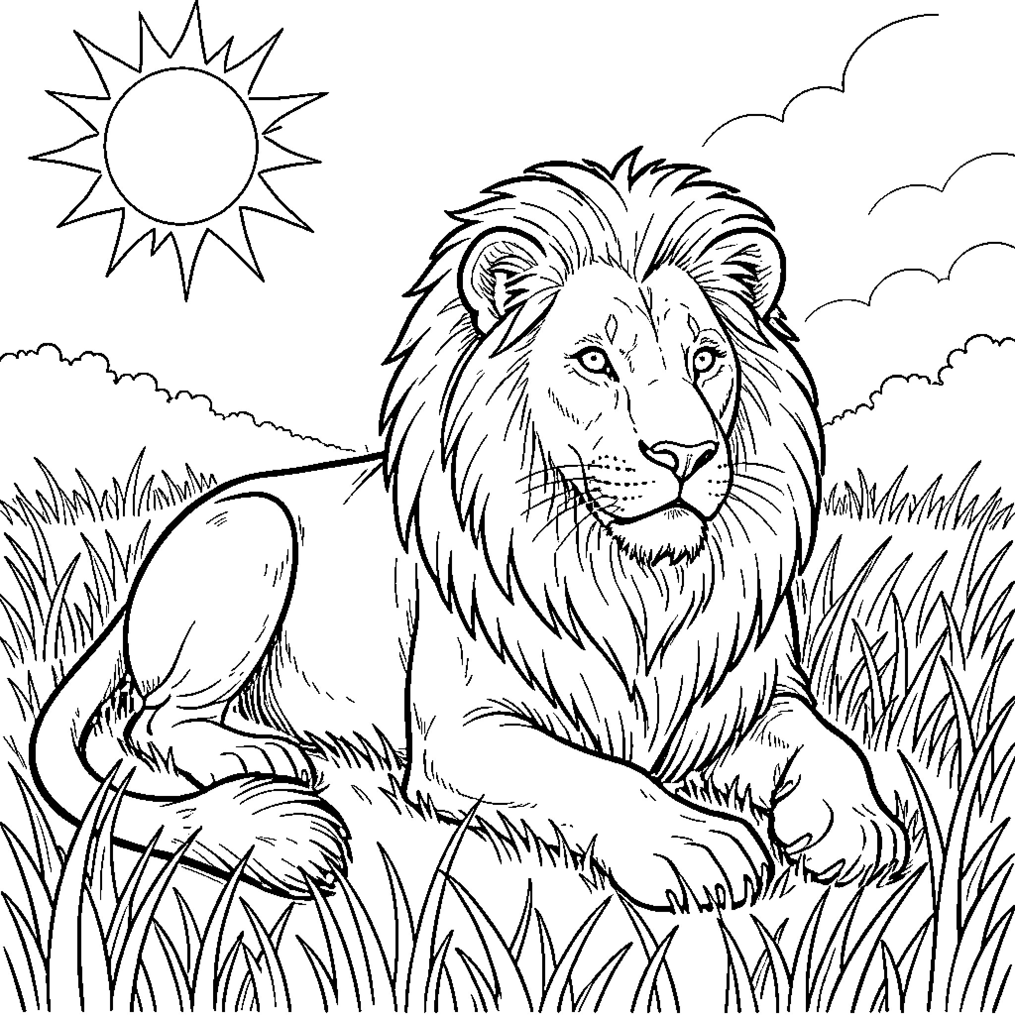Lion resting in the warm sunlight Coloring Page (free black-and-white line drawing printable PDF for all, from beginners to advanced learners, including children, teens, adults, and seniors)