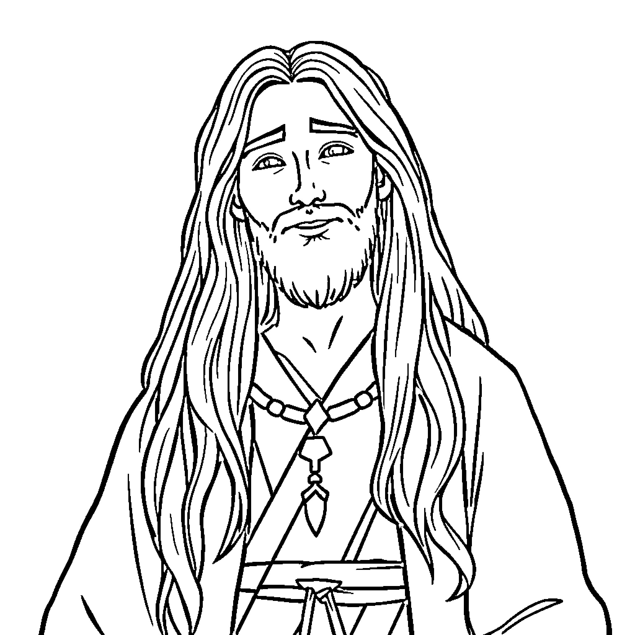 Jesus with long hair and robed in contemplation Coloring Page (free black-and-white line drawing printable PDF for all, from beginners to advanced learners, including children, teens, adults, and seniors)
