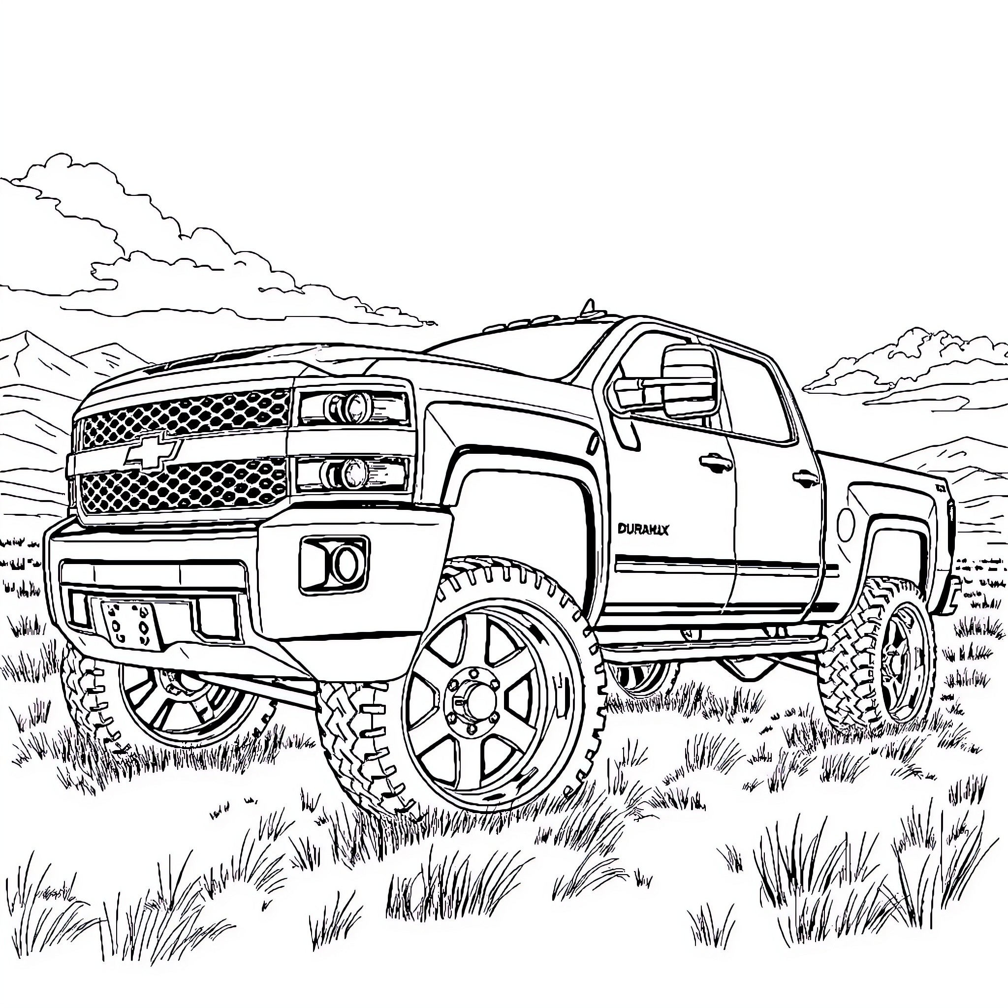Chevy Truck Navigating Rugged Terrain Coloring Page (free black-and-white line drawing printable PDF for all, from beginners to advanced learners, including children, teens, adults, and seniors)