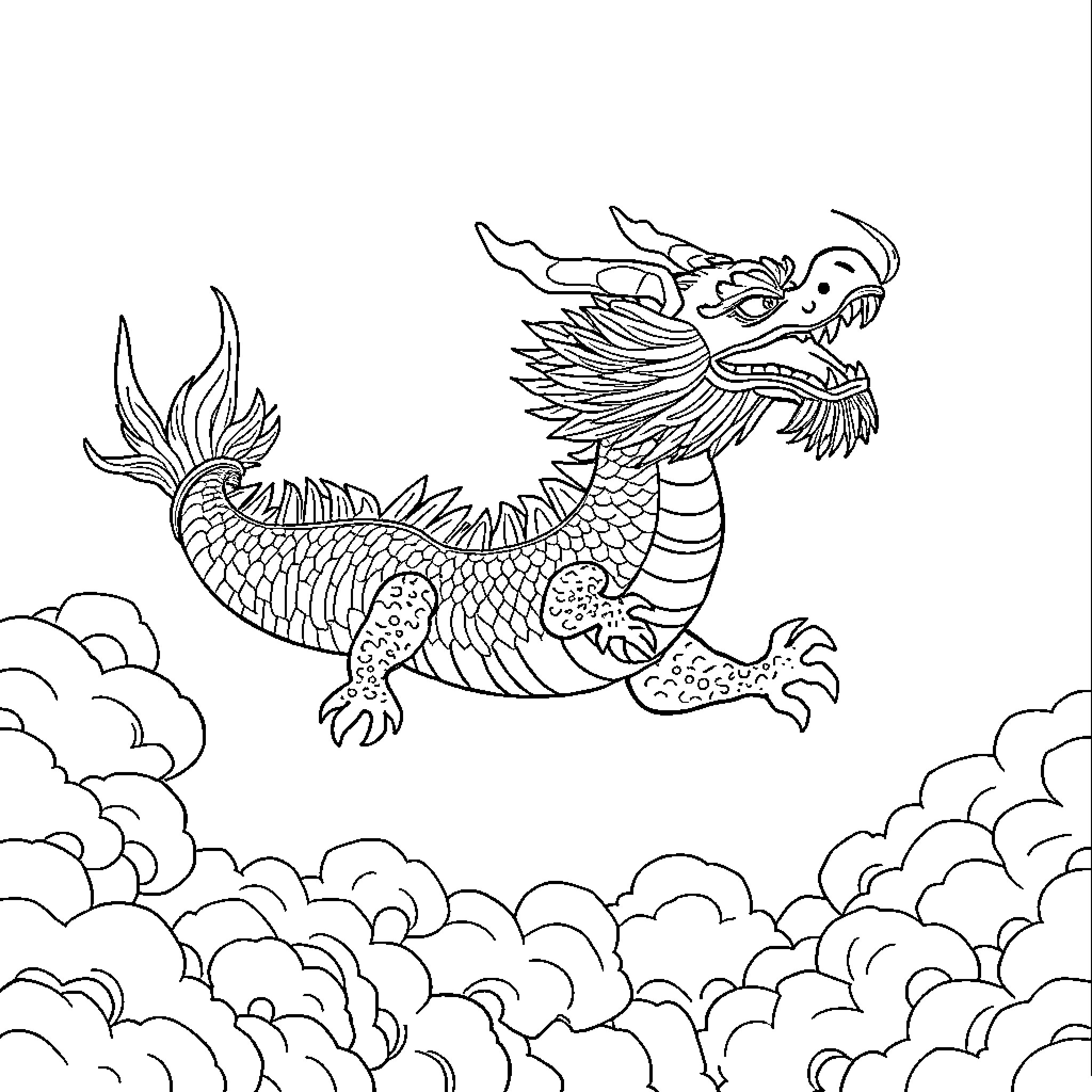 Dragon soaring through cloudy skies Coloring Page (free black-and-white line drawing printable PDF for all, from beginners to advanced learners, including children, teens, adults, and seniors)