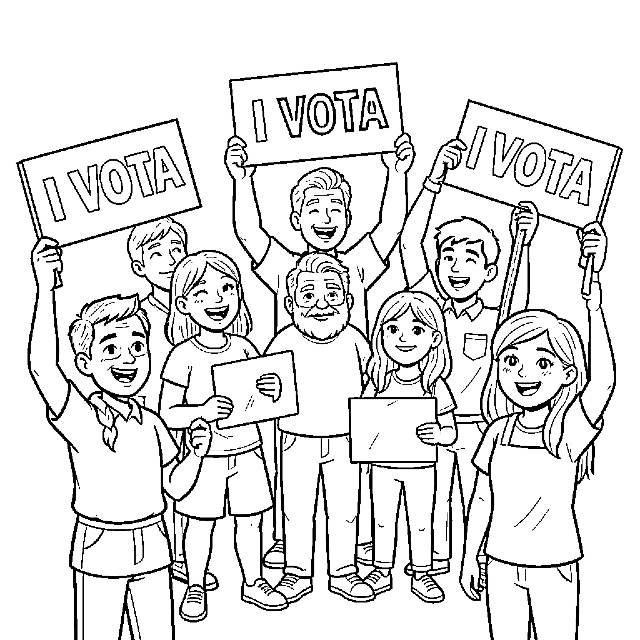Vota group of people happily holding up protest signs Coloring Page (free black-and-white line drawing printable PDF for all, from beginners to advanced learners, including children, teens, adults, and seniors)