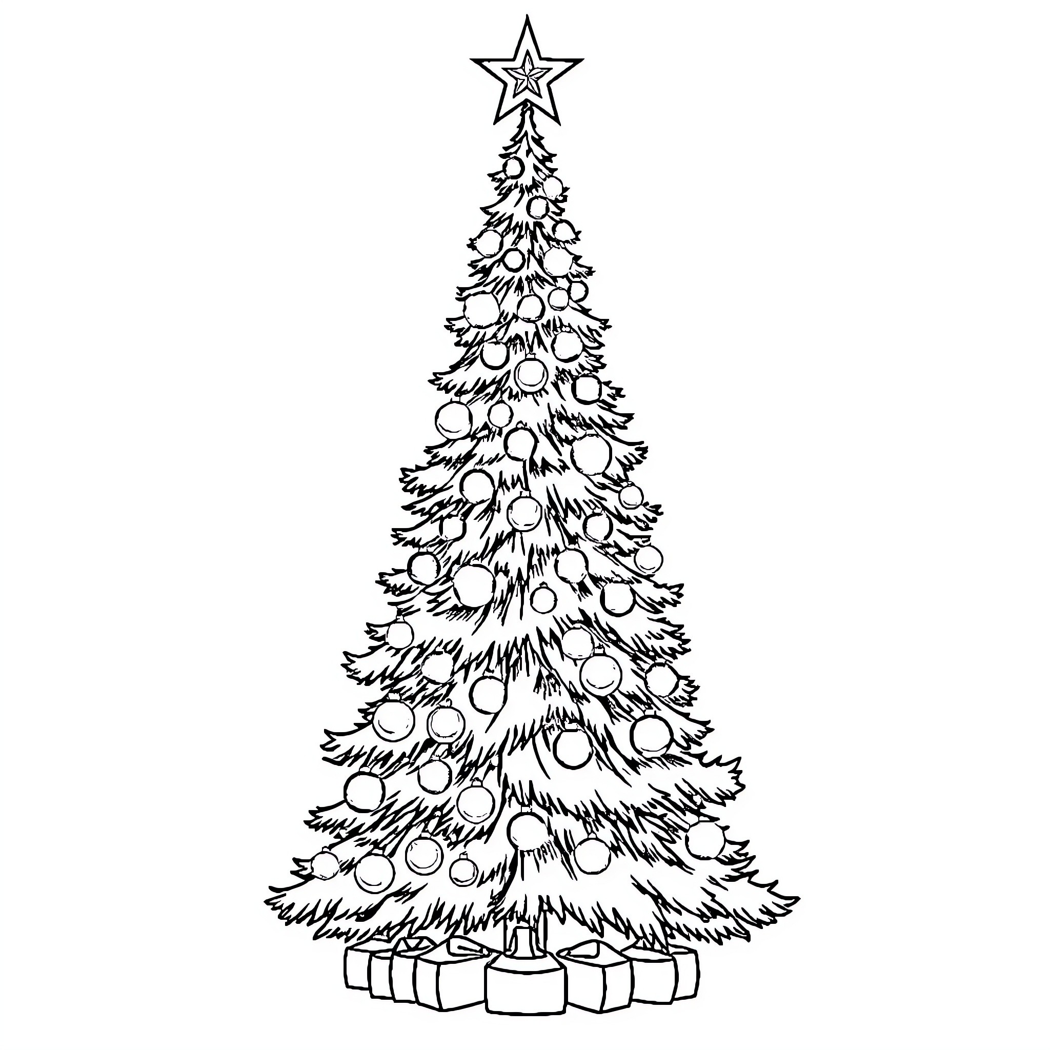 Christmas Tree with Decorative Ornaments Coloring Page (free black-and-white line drawing printable PDF for all, from beginners to advanced learners, including children, teens, adults, and seniors)