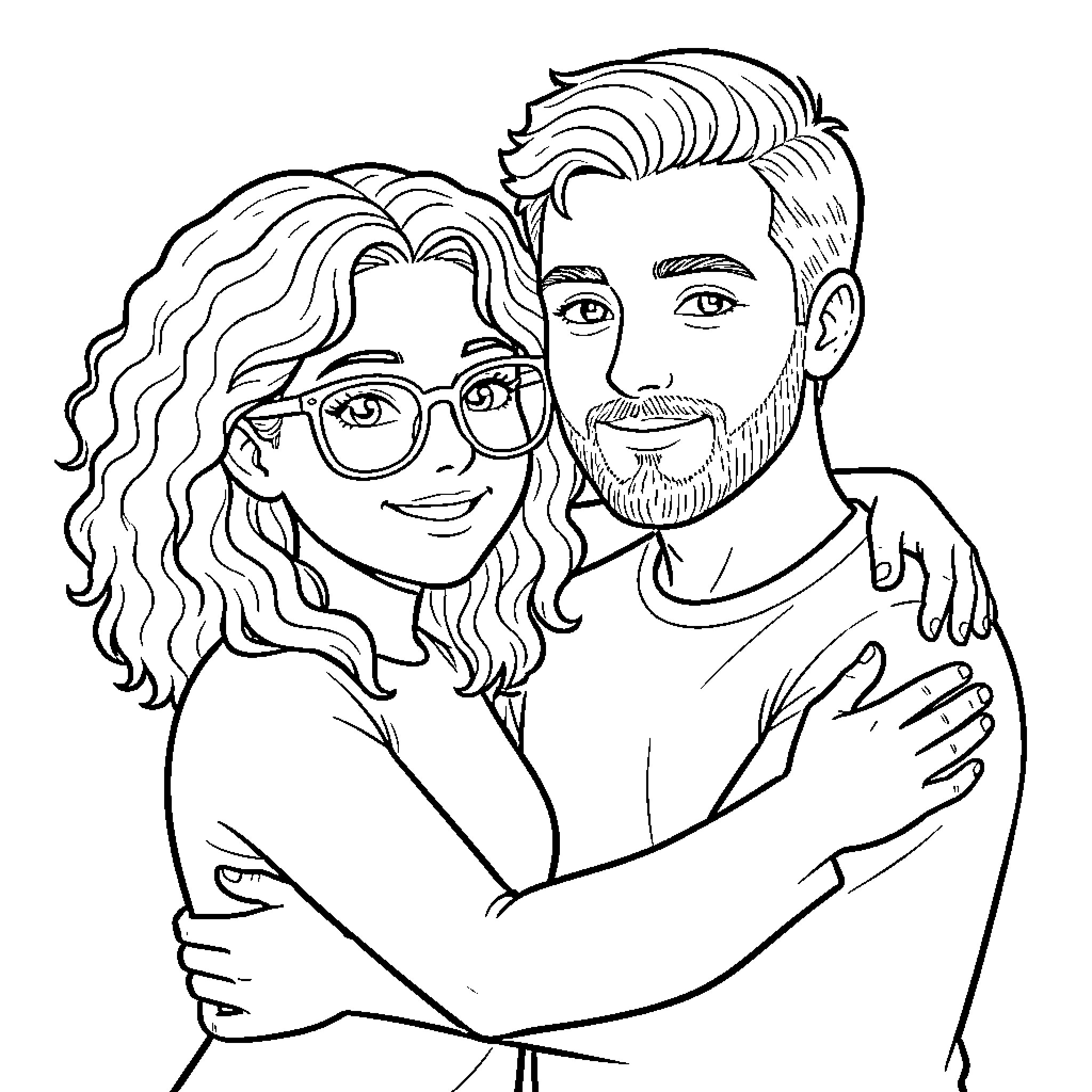 Chica hugging a smiling man happily Coloring Page (free black-and-white line drawing printable PDF for all, from beginners to advanced learners, including children, teens, adults, and seniors)