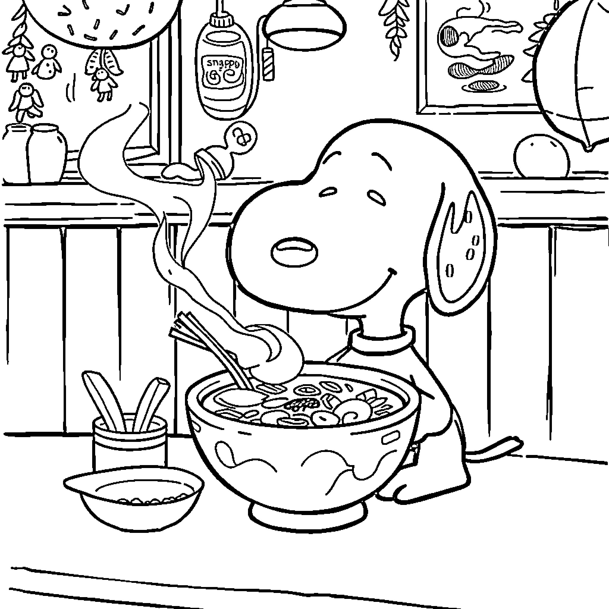 Snoopy enjoying a bowl of soup in his kitchen Coloring Page (free black-and-white line drawing printable PDF for all, from beginners to advanced learners, including children, teens, adults, and seniors)