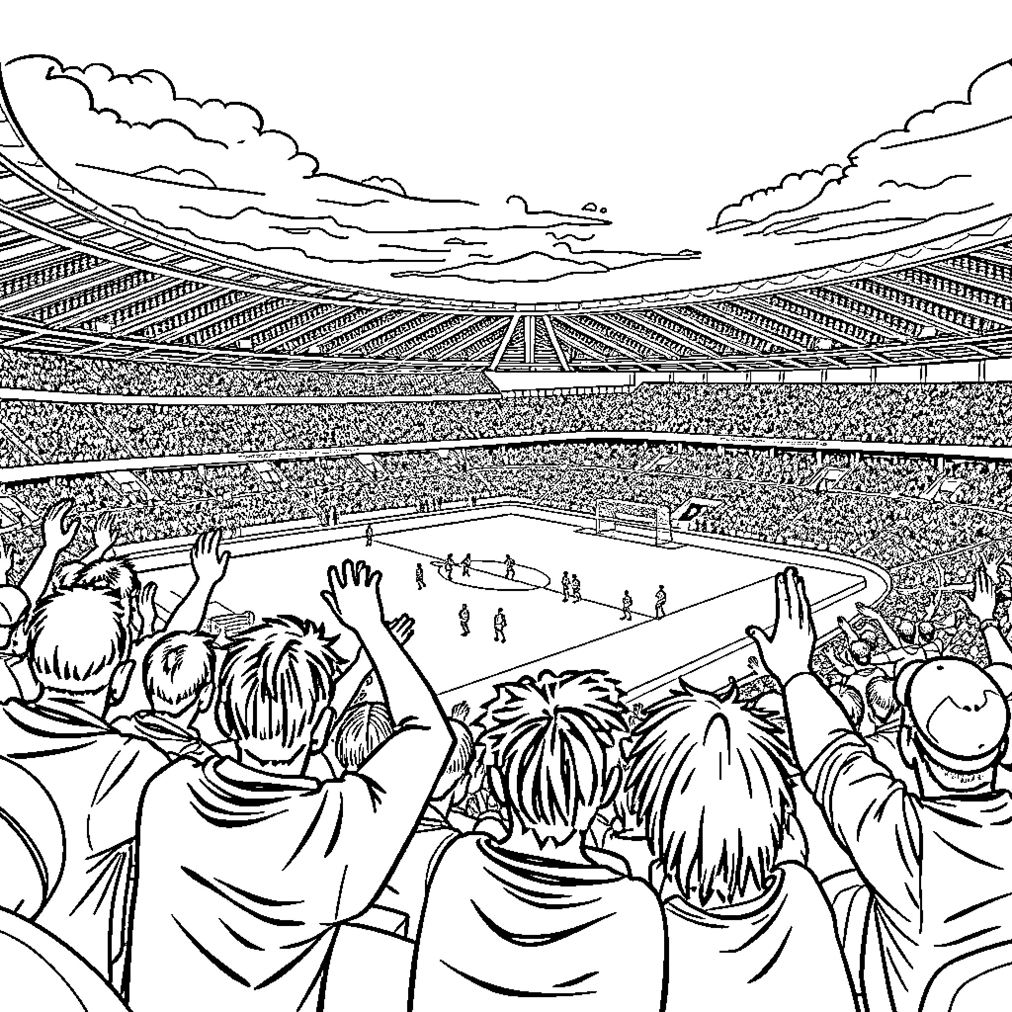 Marseille football fans cheering in packed stadium Coloring Page (free black-and-white line drawing printable PDF for all, from beginners to advanced learners, including children, teens, adults, and seniors)