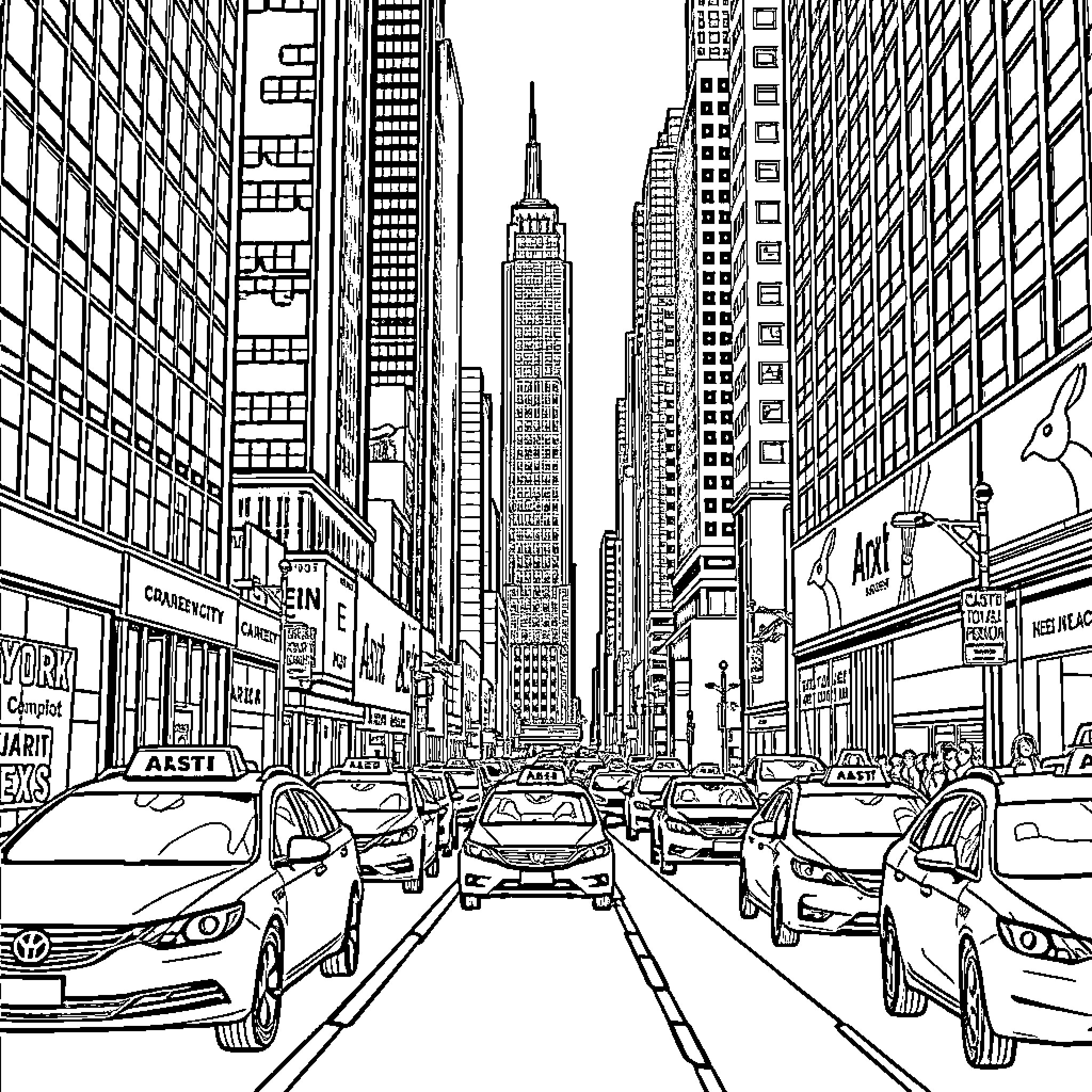 New York City Streets with Busy Traffic and Skyscrapers Coloring Page (free black-and-white line drawing printable PDF for all, from beginners to advanced learners, including children, teens, adults, and seniors)