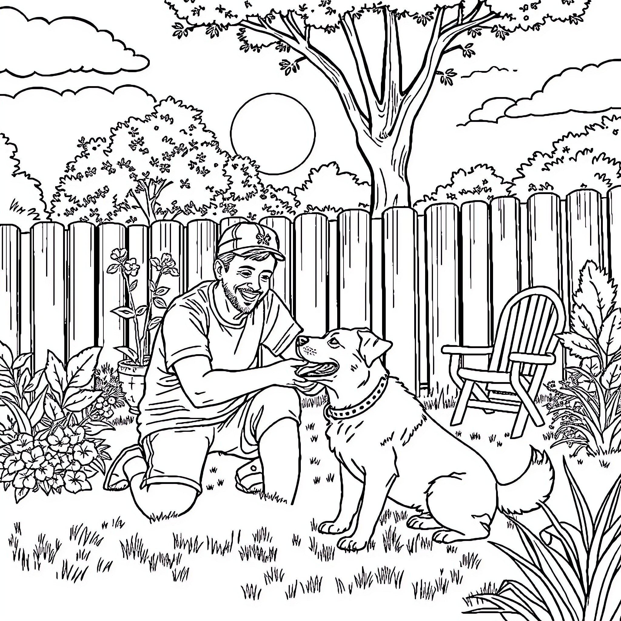 Dad spending quality time with his loyal canine companion Coloring Page (free black-and-white line drawing printable PDF for all, from beginners to advanced learners, including children, teens, adults, and seniors)