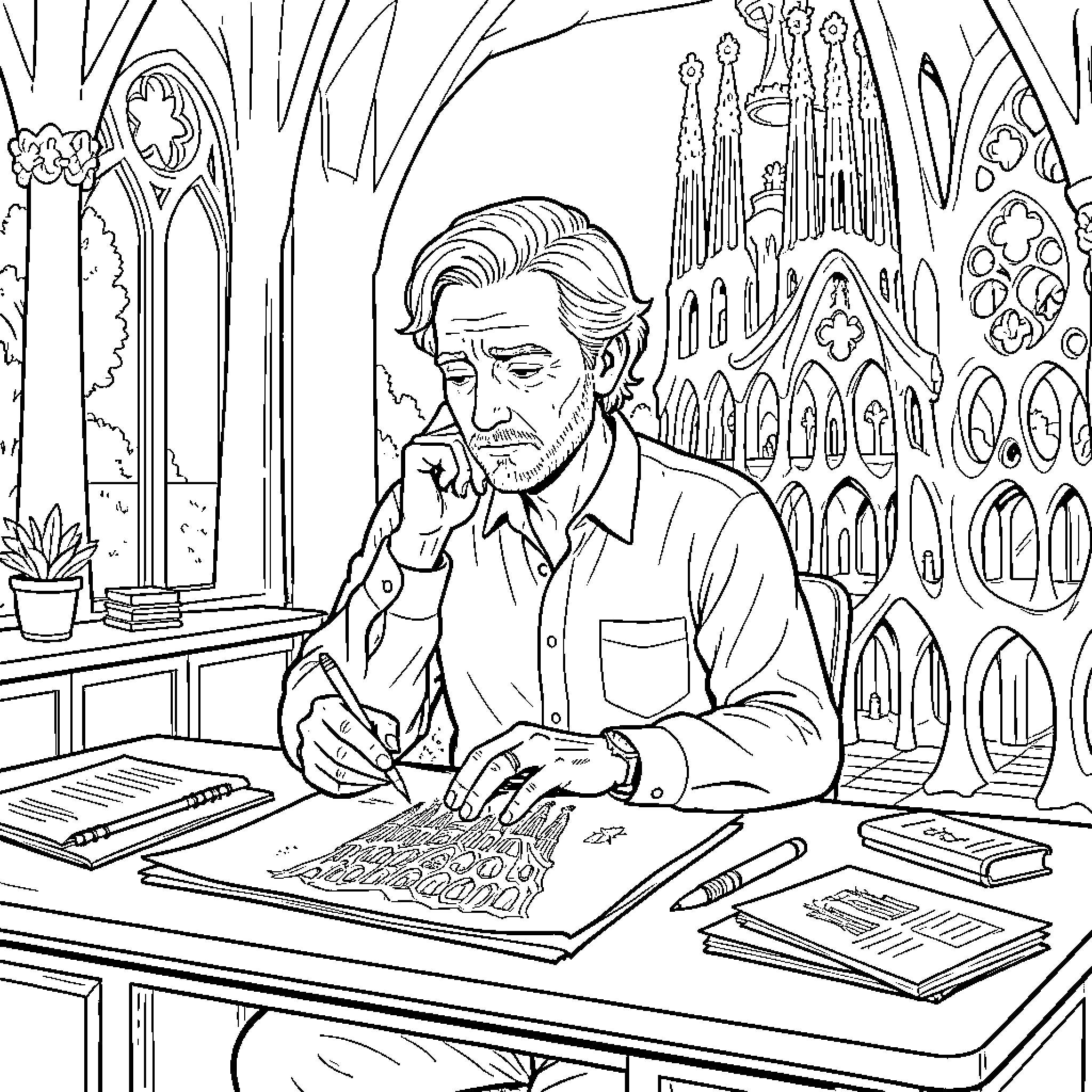 Antoni Gaudí sketching intricate architectural designs at a desk Coloring Page (free black-and-white line drawing printable PDF for all, from beginners to advanced learners, including children, teens, adults, and seniors)