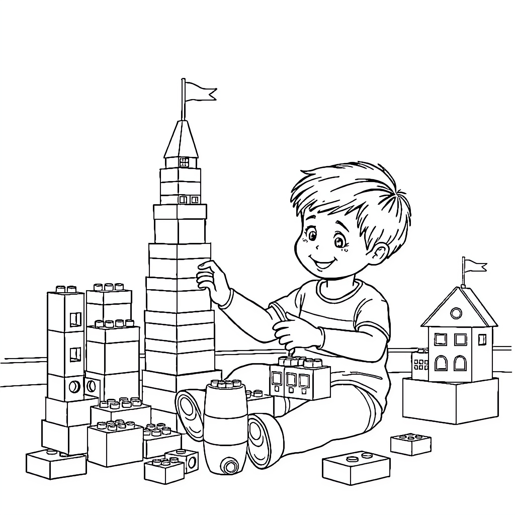 Jack building with toy blocks in playroom Coloring Page (free black-and-white line drawing printable PDF for all, from beginners to advanced learners, including children, teens, adults, and seniors)