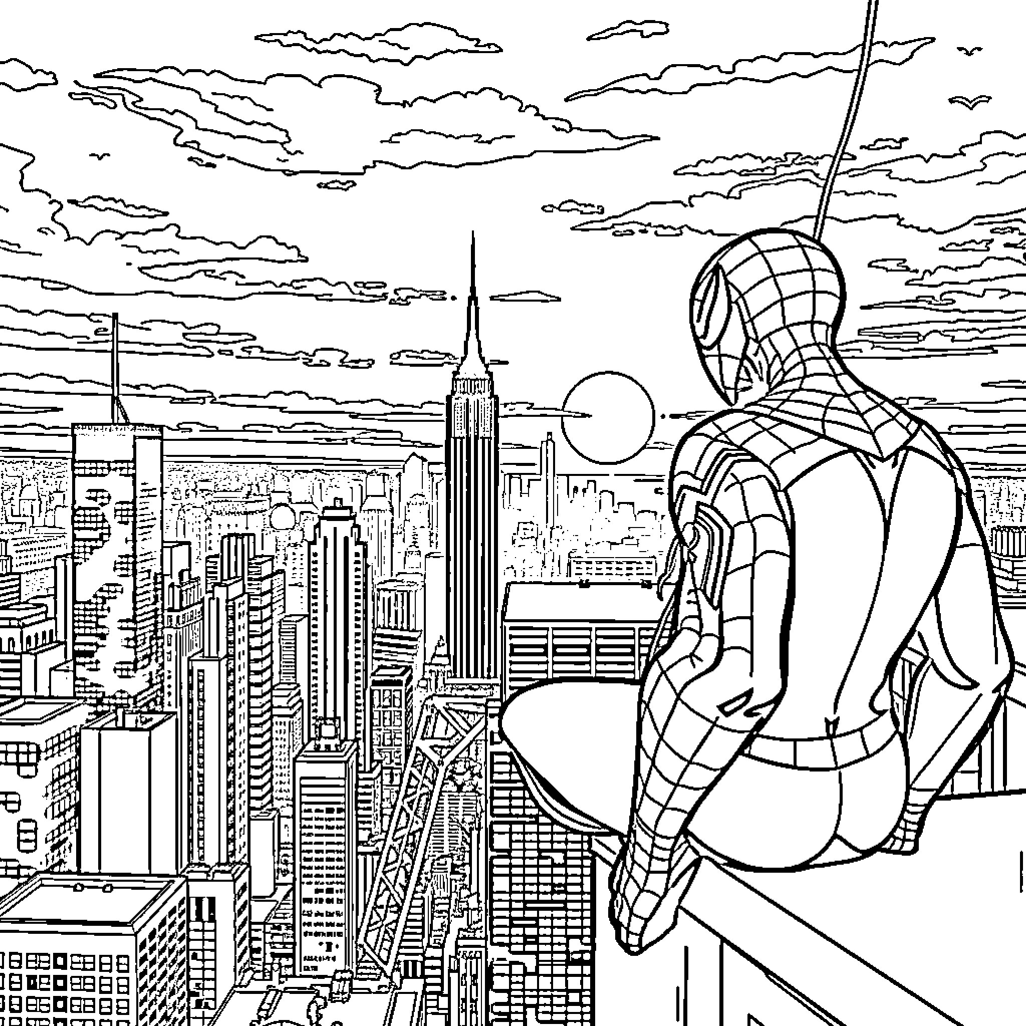 Spiderman overlooking the city skyline Coloring Page (free black-and-white line drawing printable PDF for all, from beginners to advanced learners, including children, teens, adults, and seniors)