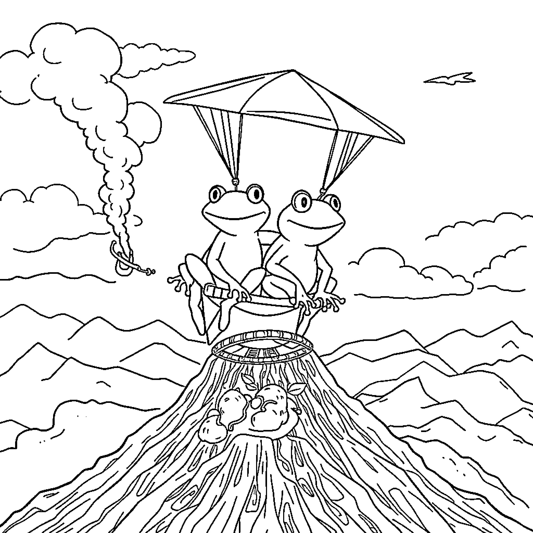 Frog gliders soar over volcanic landscape Coloring Page (free black-and-white line drawing printable PDF for all, from beginners to advanced learners, including children, teens, adults, and seniors)