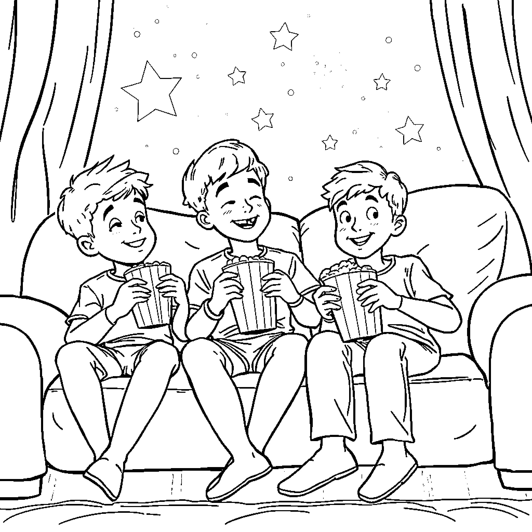 Boys Enjoying Movie Night with Snacks Coloring Page (free black-and-white line drawing printable PDF for all, from beginners to advanced learners, including children, teens, adults, and seniors)