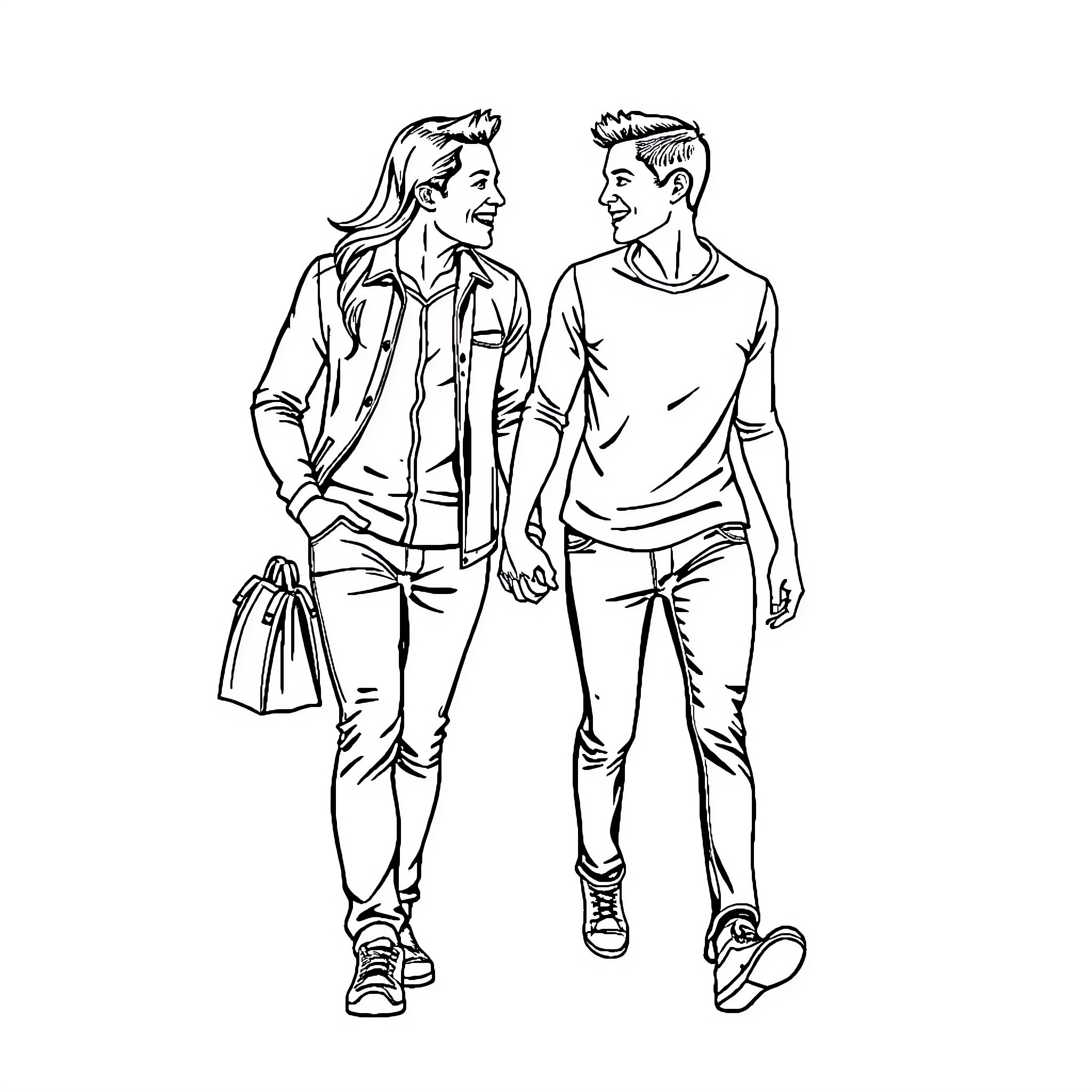 Couple walking and conversing casually Coloring Page (free black-and-white line drawing printable PDF for all, from beginners to advanced learners, including children, teens, adults, and seniors)