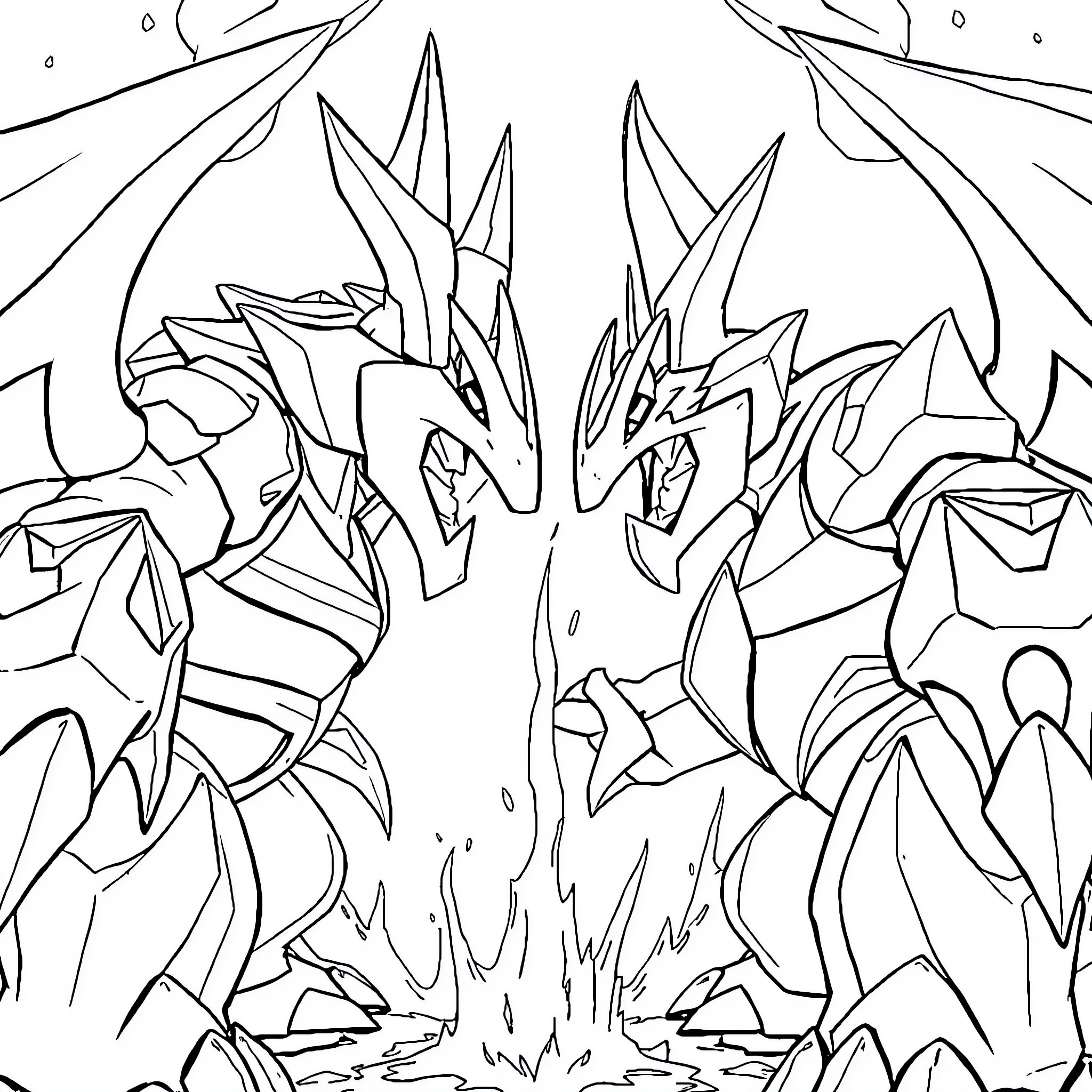 Aggron battling fiercely in a rocky landscape Coloring Page (free black-and-white line drawing printable PDF for all, from beginners to advanced learners, including children, teens, adults, and seniors)