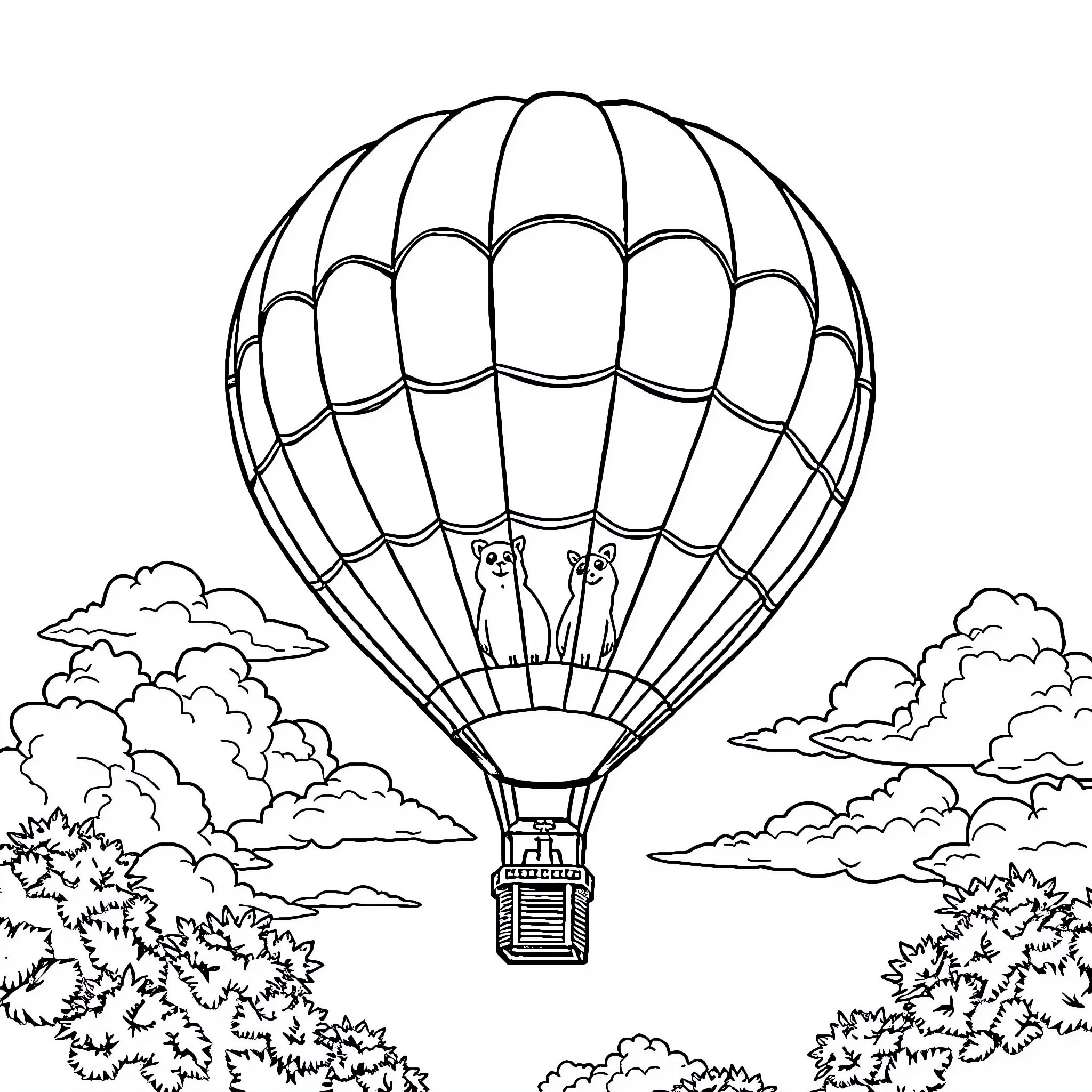 Balonudara Floating Above Scenic Landscape Coloring Page (free black-and-white line drawing printable PDF for all, from beginners to advanced learners, including children, teens, adults, and seniors)