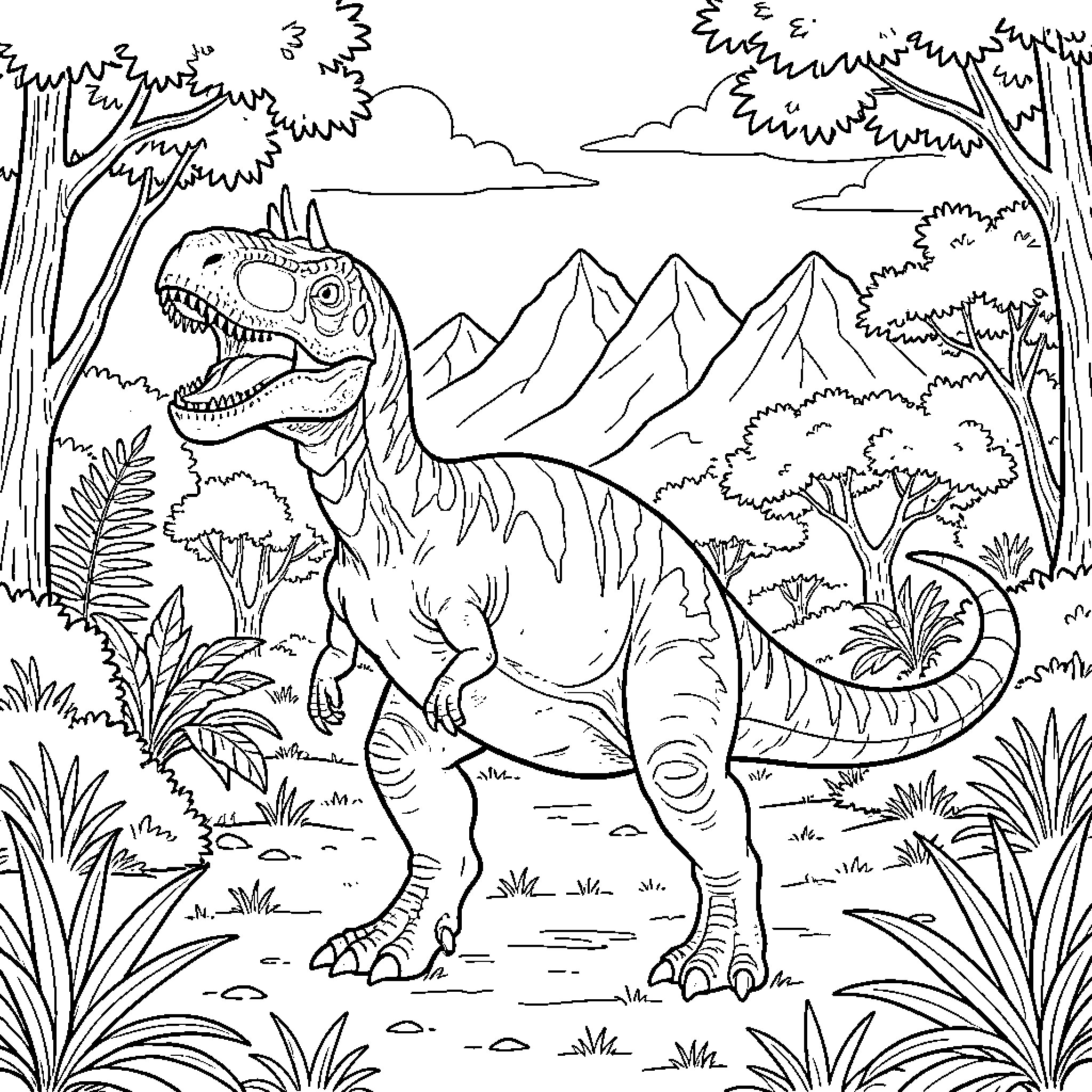 Dinosaur roaring in the prehistoric jungle Coloring Page (free black-and-white line drawing printable PDF for all, from beginners to advanced learners, including children, teens, adults, and seniors)